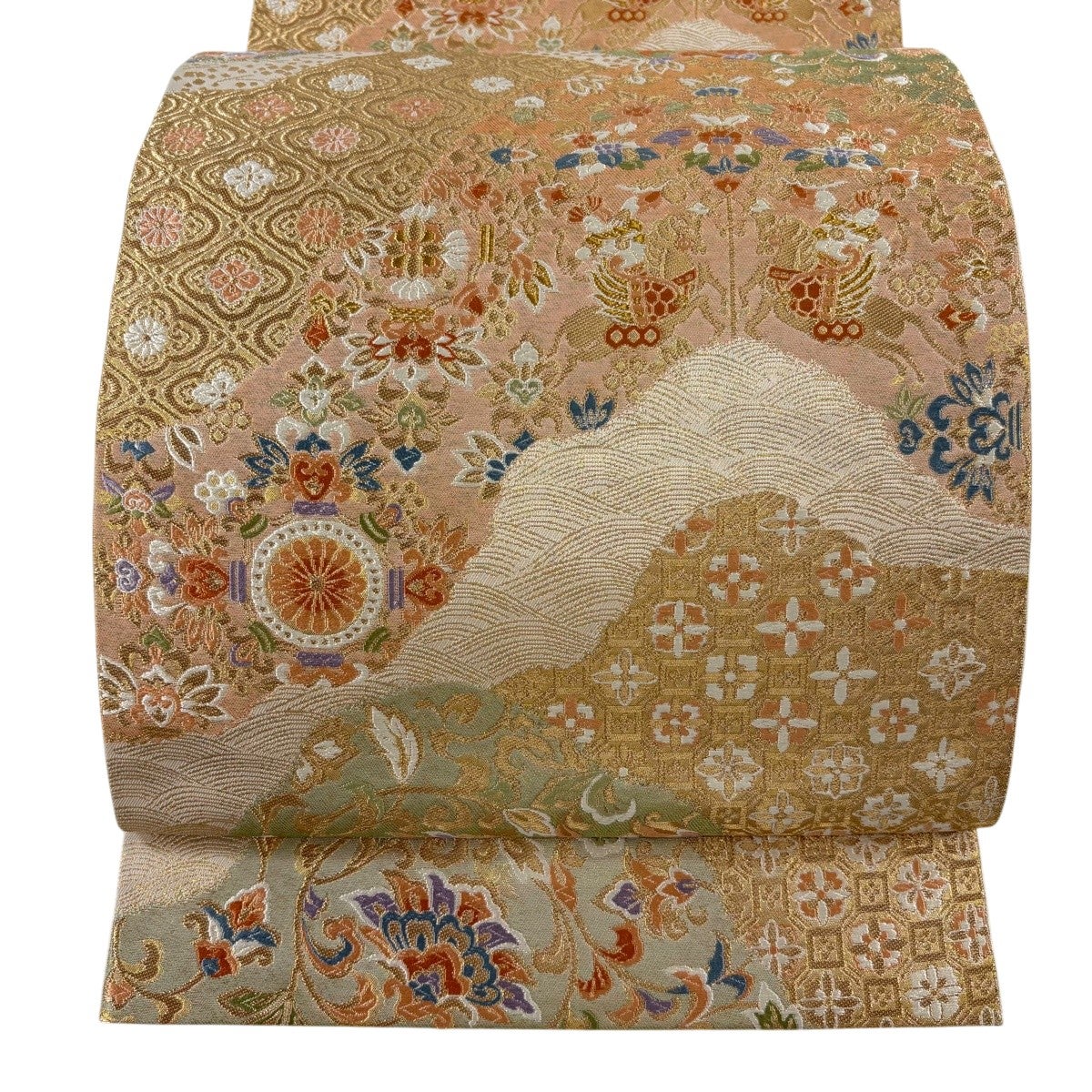 絽刺し 諏訪 刺繍 袋帯 正絹 華文 袋帯 逸品 狩猟文 華文 絽刺し 金糸 ピンクベージュ 全通 正絹｜中古