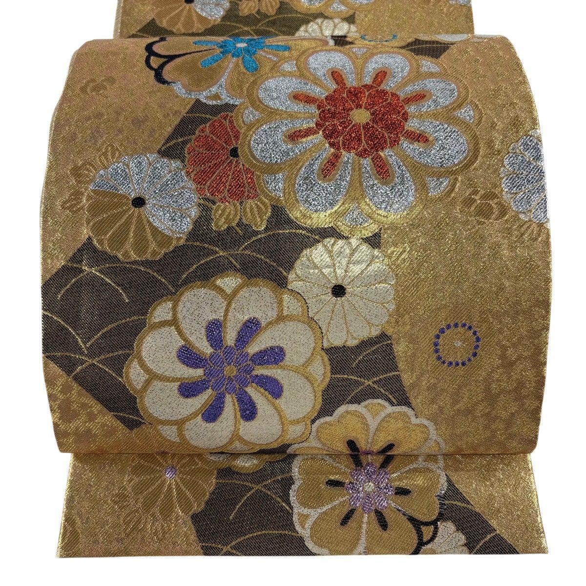 袋帯 秀品 菊 草花 金糸 箔 茶色 六通 正絹｜中古・古着・リサイクル