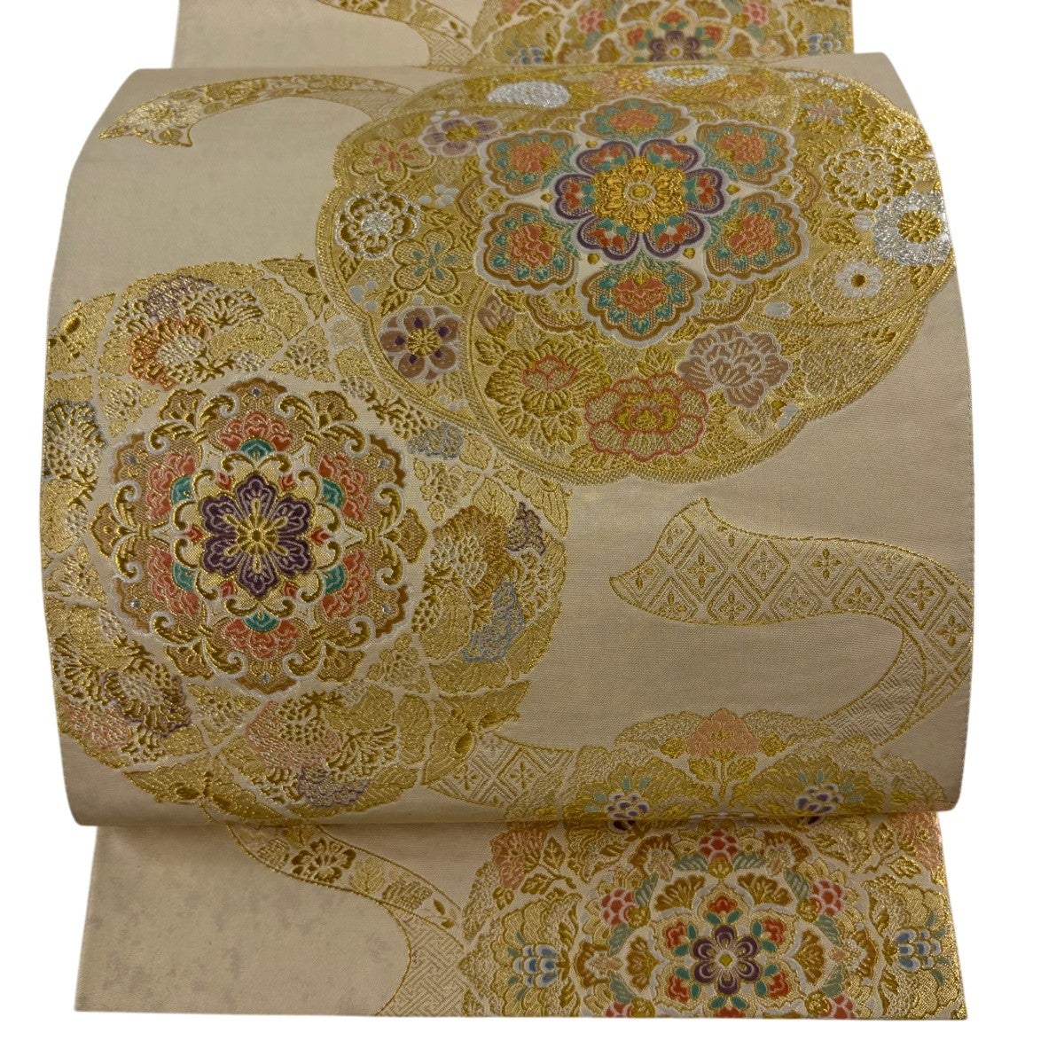 美品】 袋帯 名品 菊 楓 金銀糸 綴れ ベージュ お太鼓柄 正絹｜中古