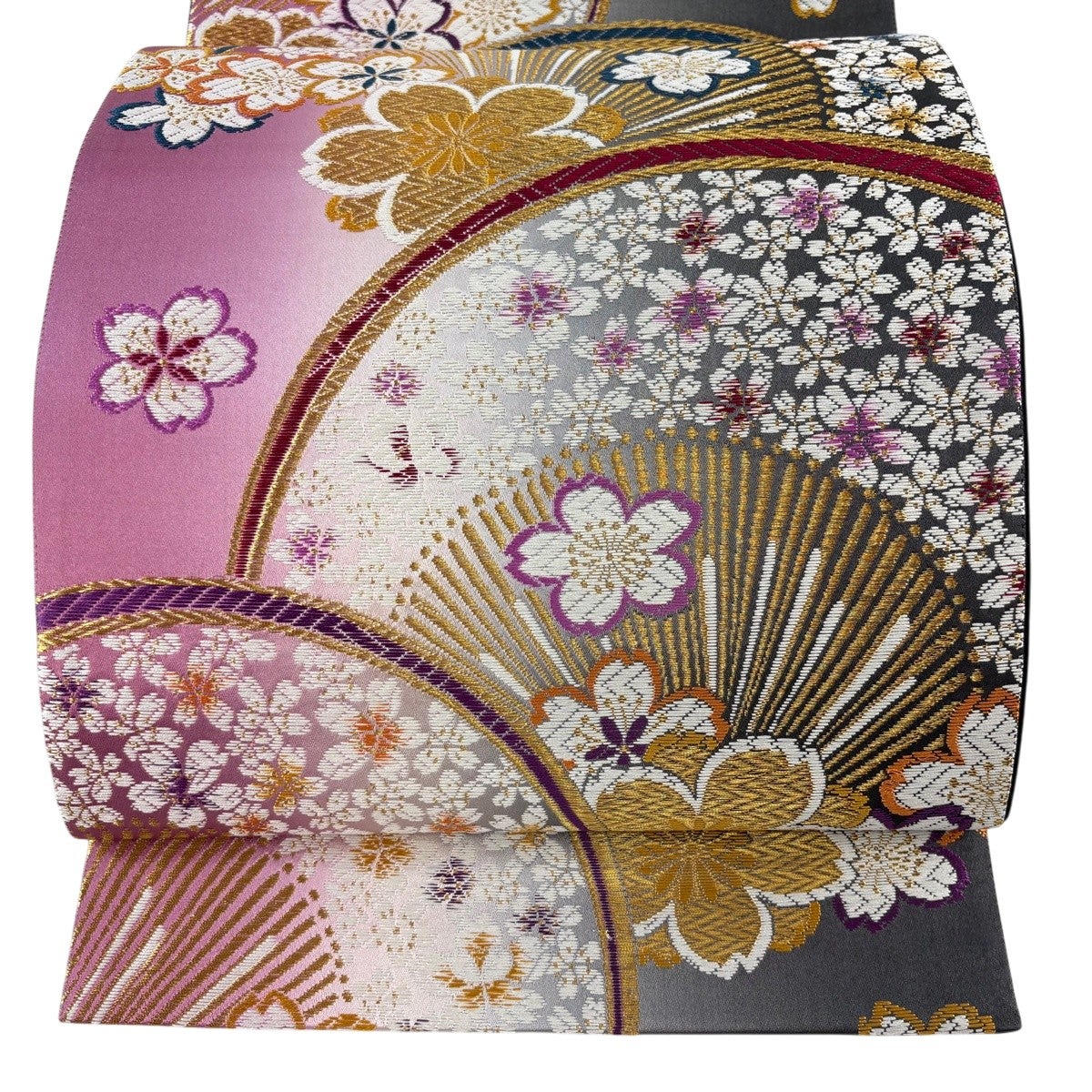 袋帯 秀品 桜 金糸 紫 六通 正絹 【中古】 袋帯 秀品 桜 市松 金糸