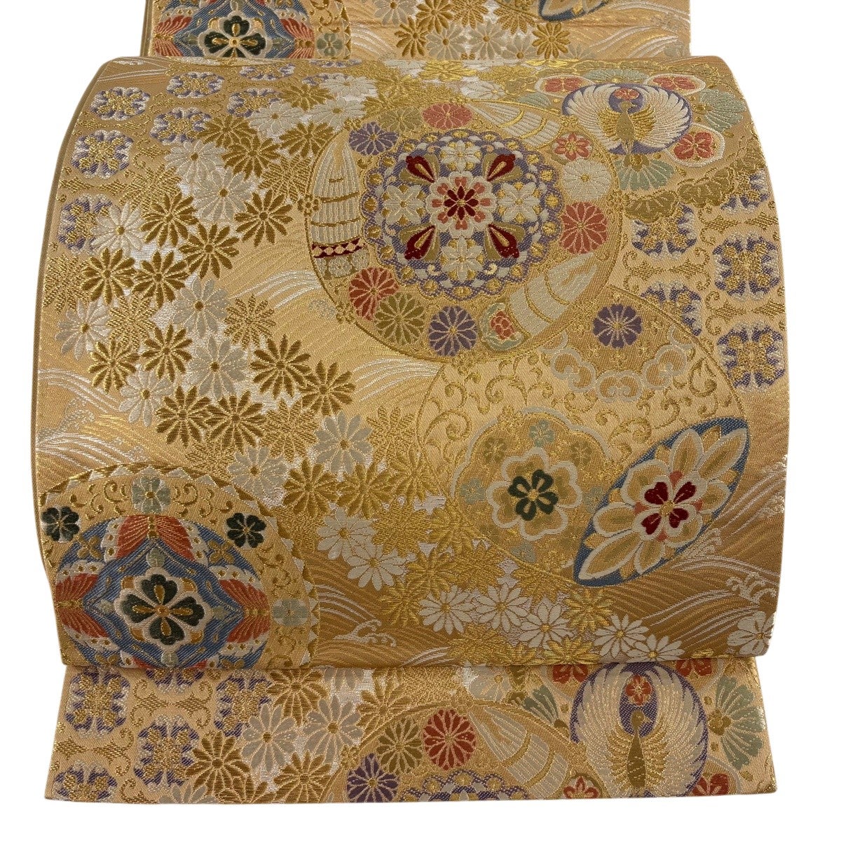 美品】 袋帯 逸品 藤井寛 落款あり 色紙 華文 金糸 箔 ベージュ 六通