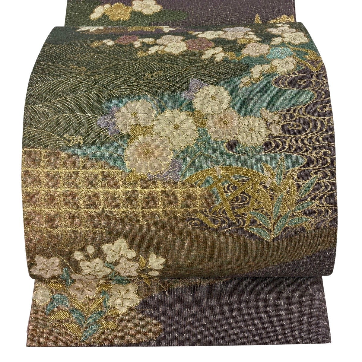 美品】 袋帯 秀品 やまと 七宝文 菱 金通し 絞り 灰紫 お太鼓柄 正絹