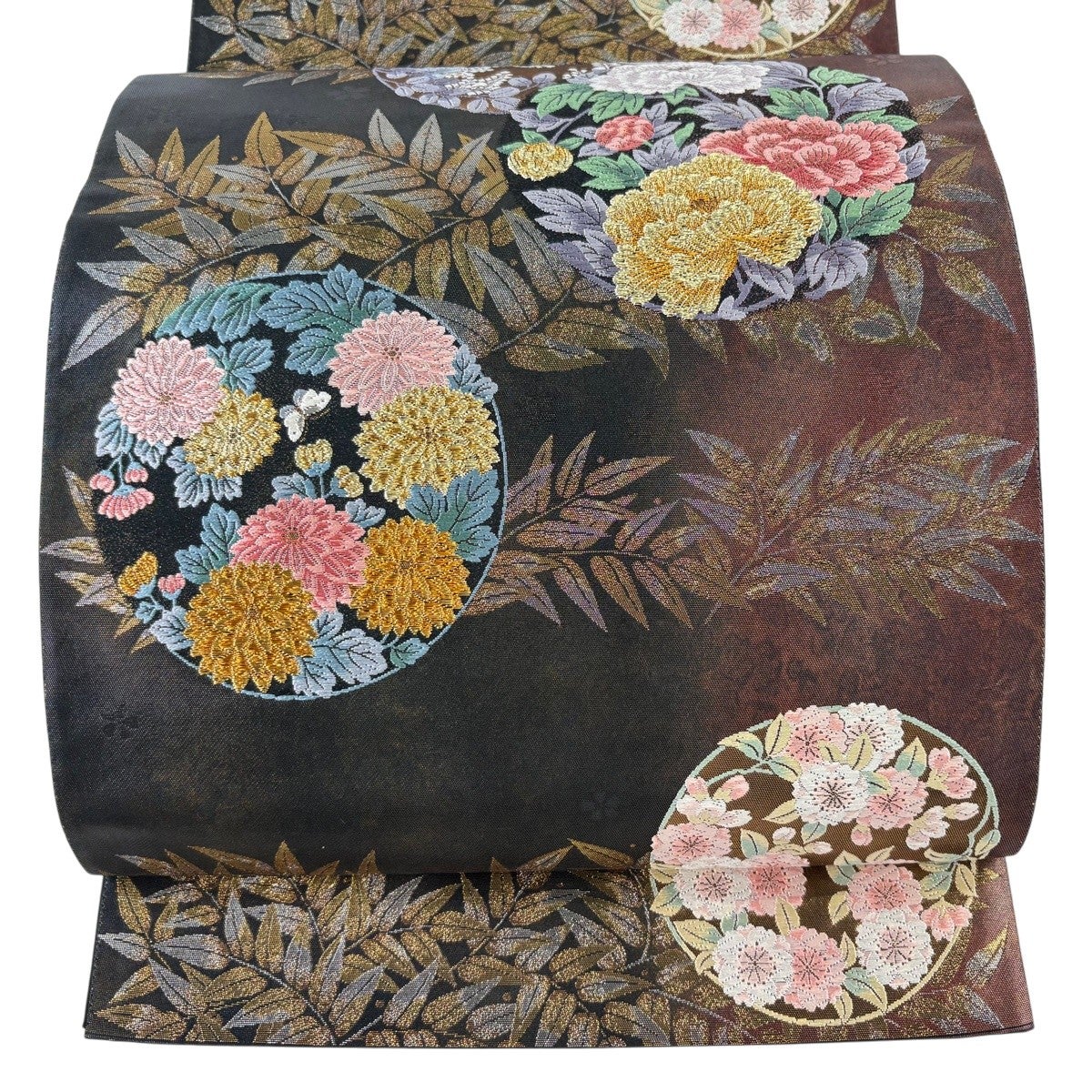 袋帯 秀品 草花 丸文 箔 刺繍 黒 六通 正絹 【中古】 【公式通販】