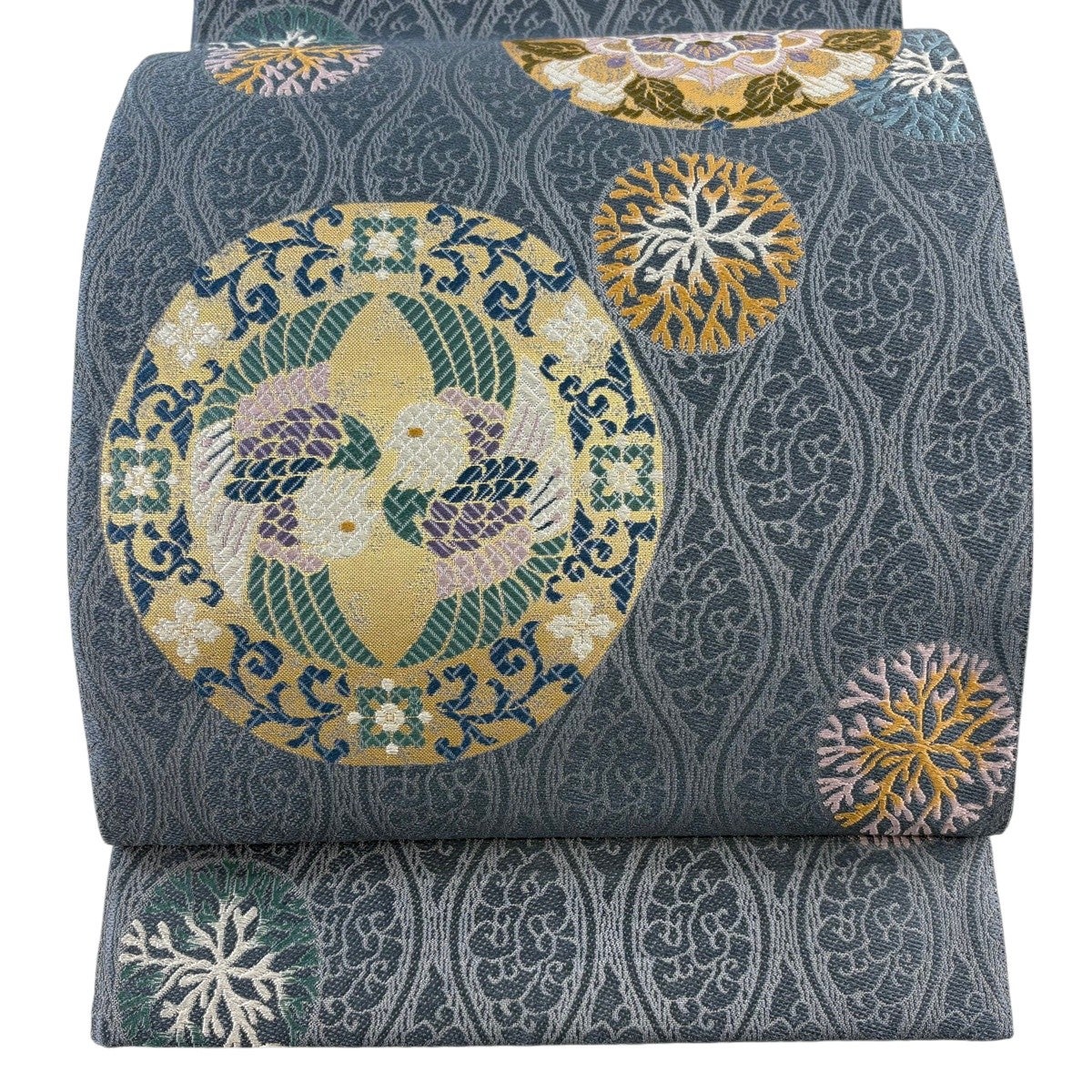 ☆デジデジ☆袋帯 草花文 刺繍 金糸 六通 正絹 袋帯 秀品 菱 草花 金糸 唐織 金色 六通 正絹｜中古・古着・リサイクル