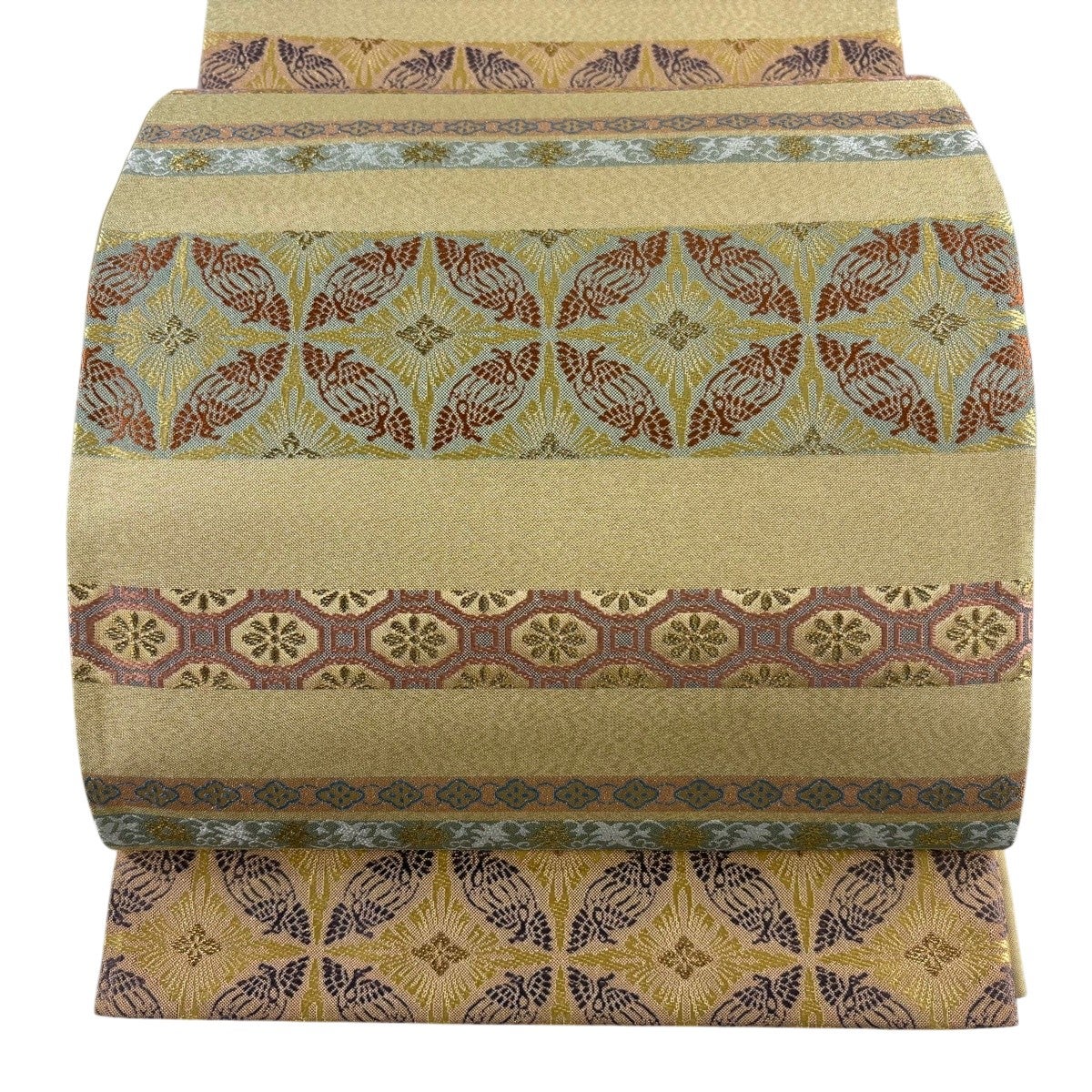 美品】 袋帯 秀品 蜀江文 花鳥 金糸 箔 金色 六通 正絹｜中古・古着