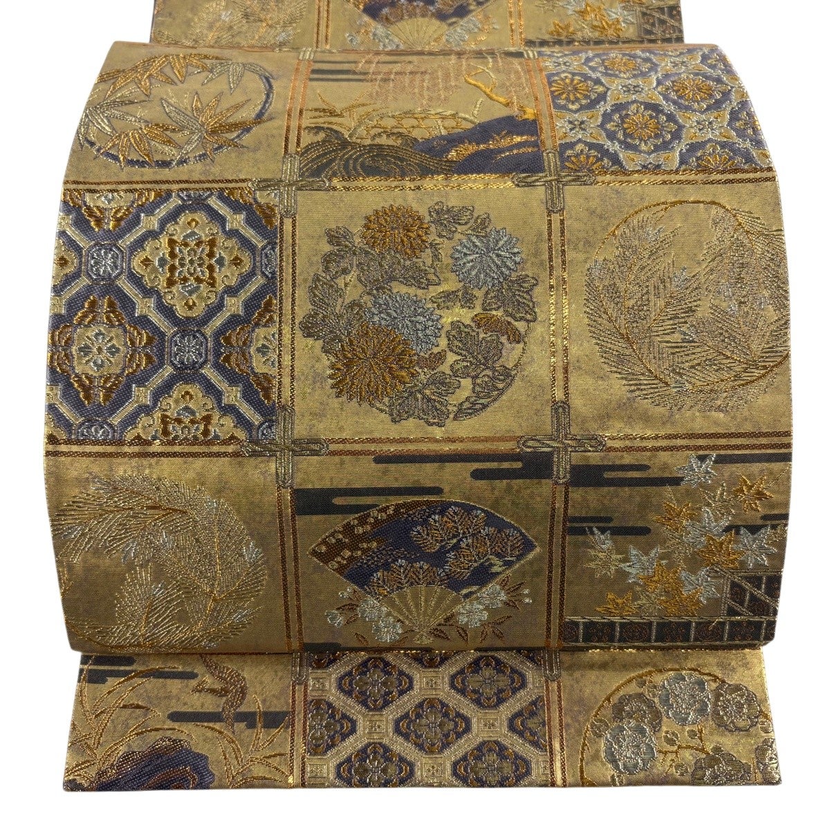 美品】 袋帯 名品 落款あり 野村一峰 黄櫨染 雪輪 松竹梅 箔 青灰色 全