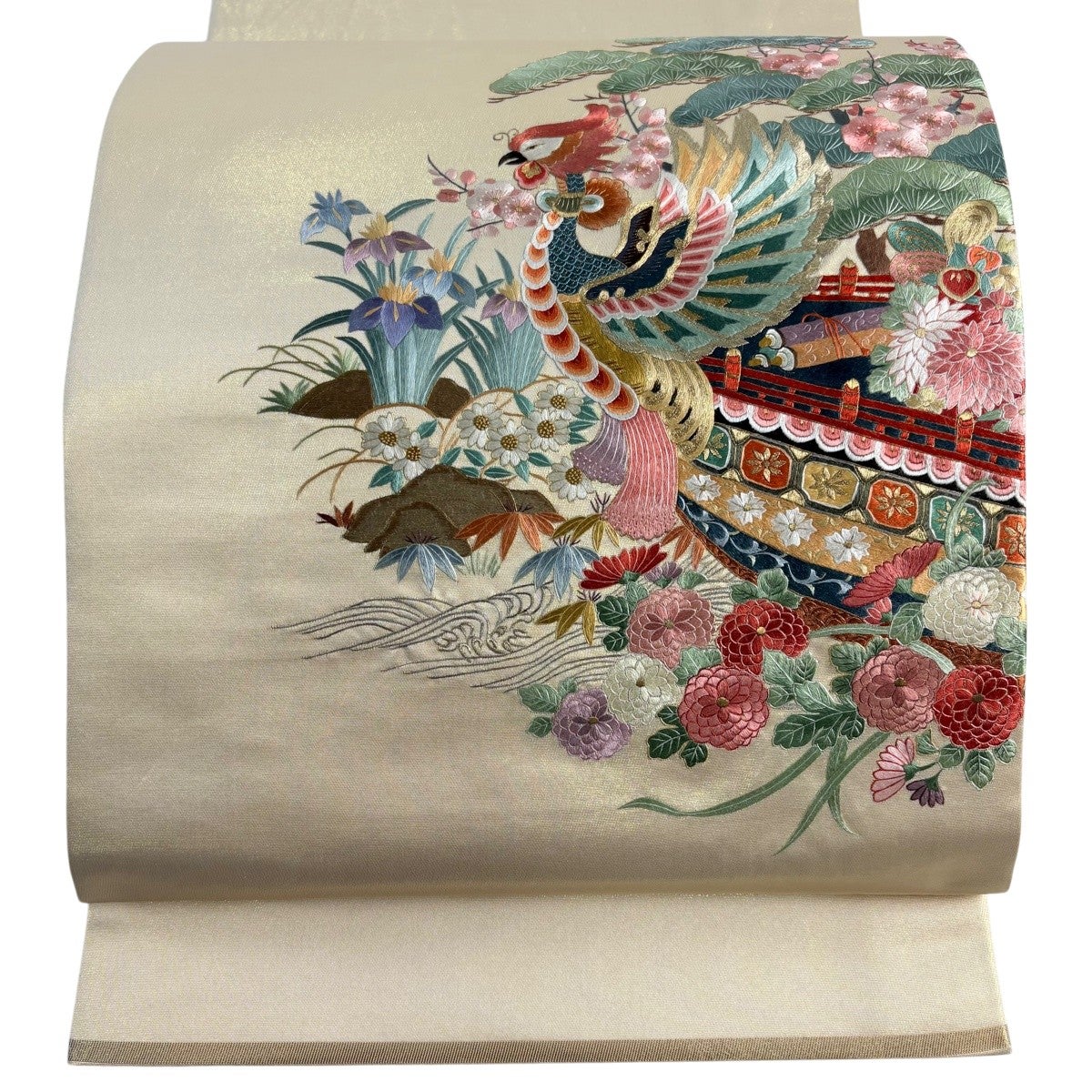 丸帯 秀品 関西仕立て 鳳凰 松竹梅 箔 蘇州刺繍 ベージュ お太鼓柄