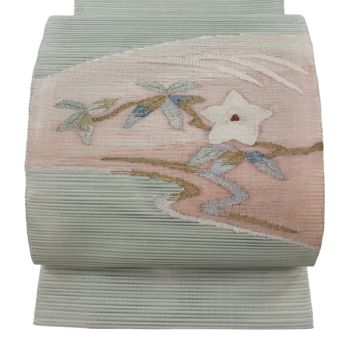美品】 名古屋帯 秀品 夏帯 絽 八寸名古屋帯 松葉仕立て 草花 流水 金