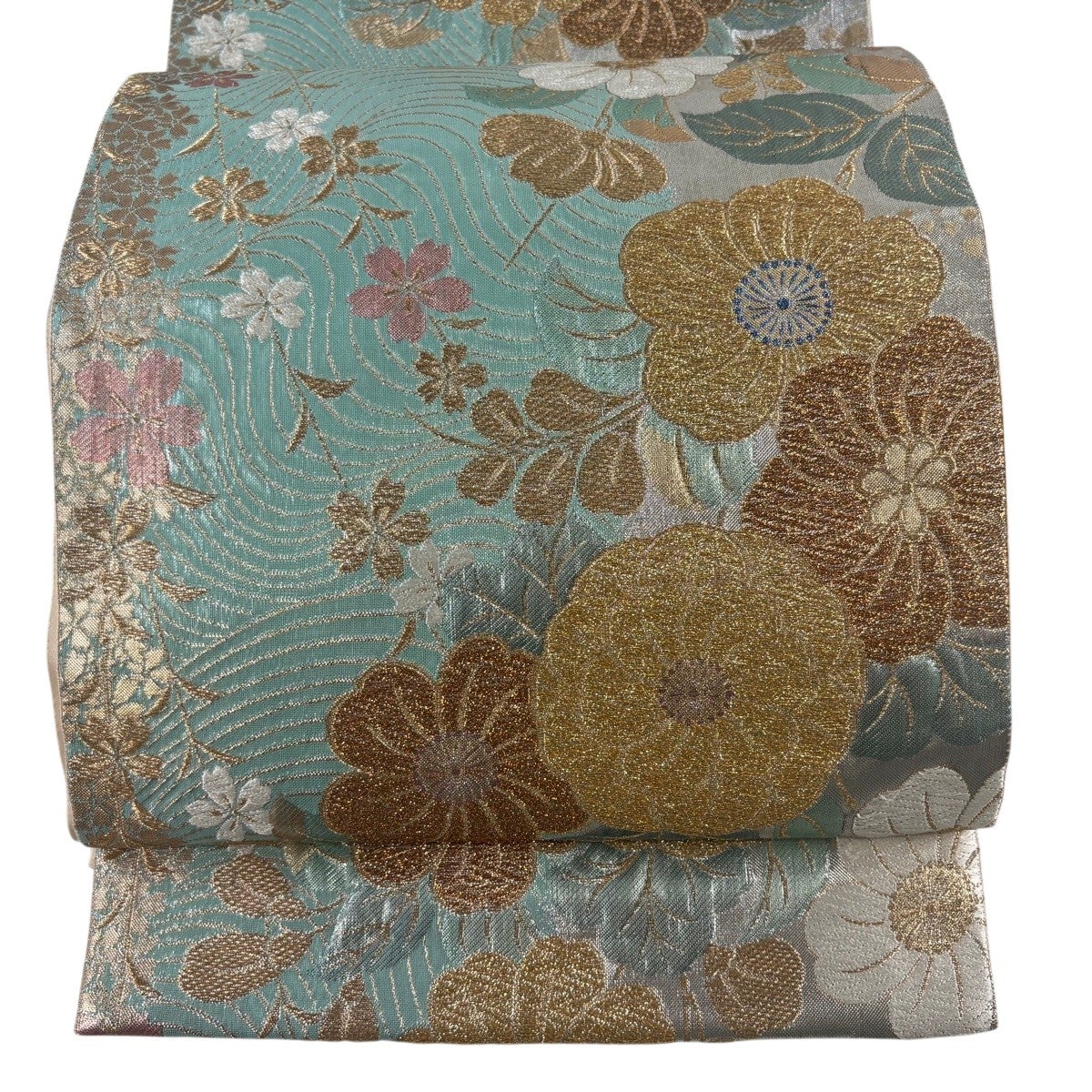 美品】 袋帯 秀品 振袖向き 辻が花柄 蝶 箔 金糸 青 六通 正絹｜中古