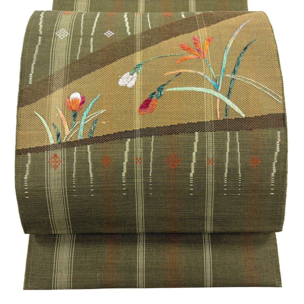 美品】 名古屋帯 秀品 八寸名古屋帯 松葉仕立て 幾何学 茶色 正絹