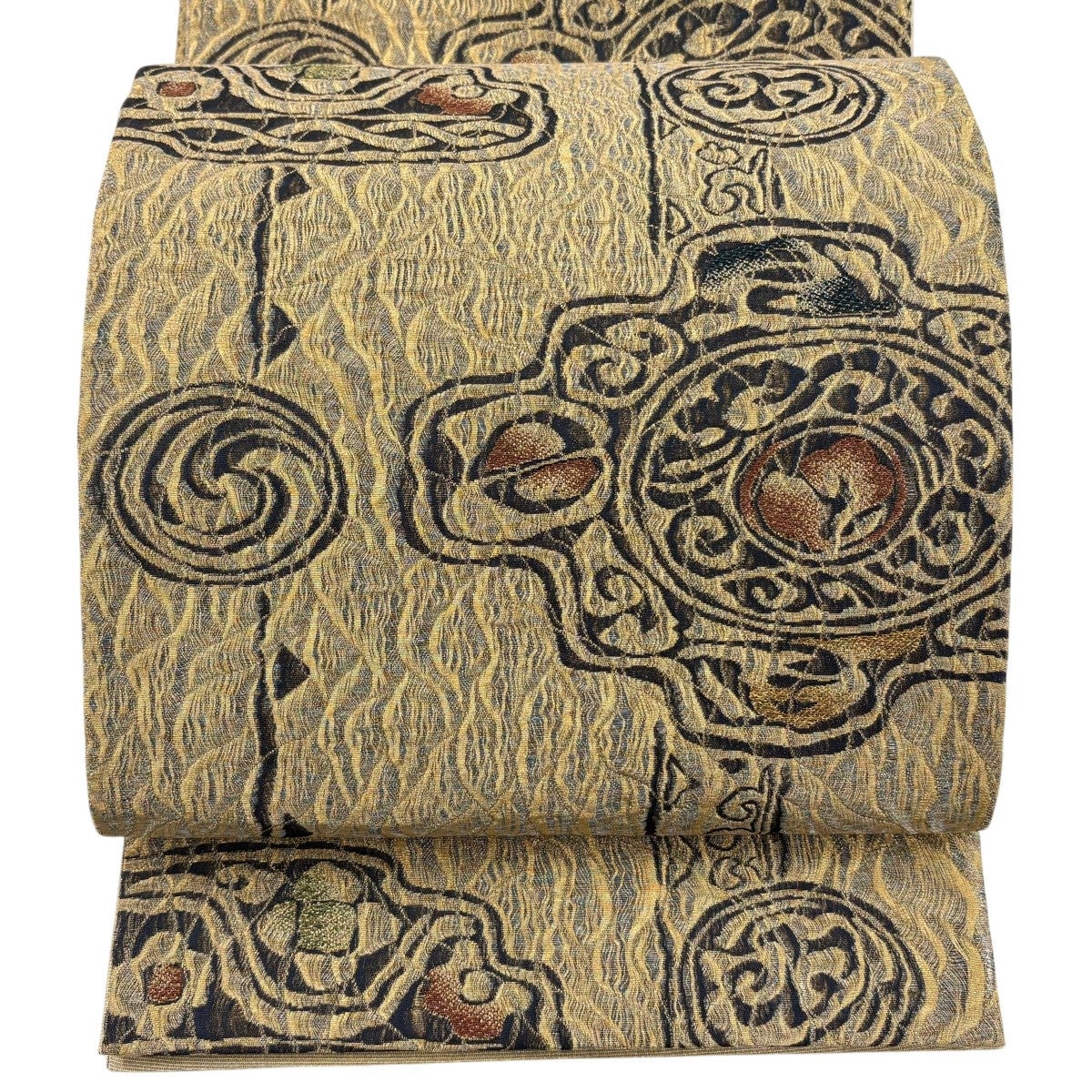 美品】 袋帯 秀品 幾何学 金彩 茶色 全通 正絹｜中古・古着