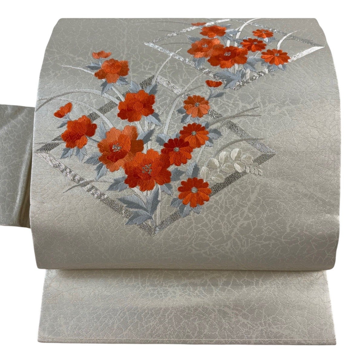 美品】 開き名古屋帯 秀品 花菱 花唐草 箔 唐織 灰色 正絹｜中古・古着