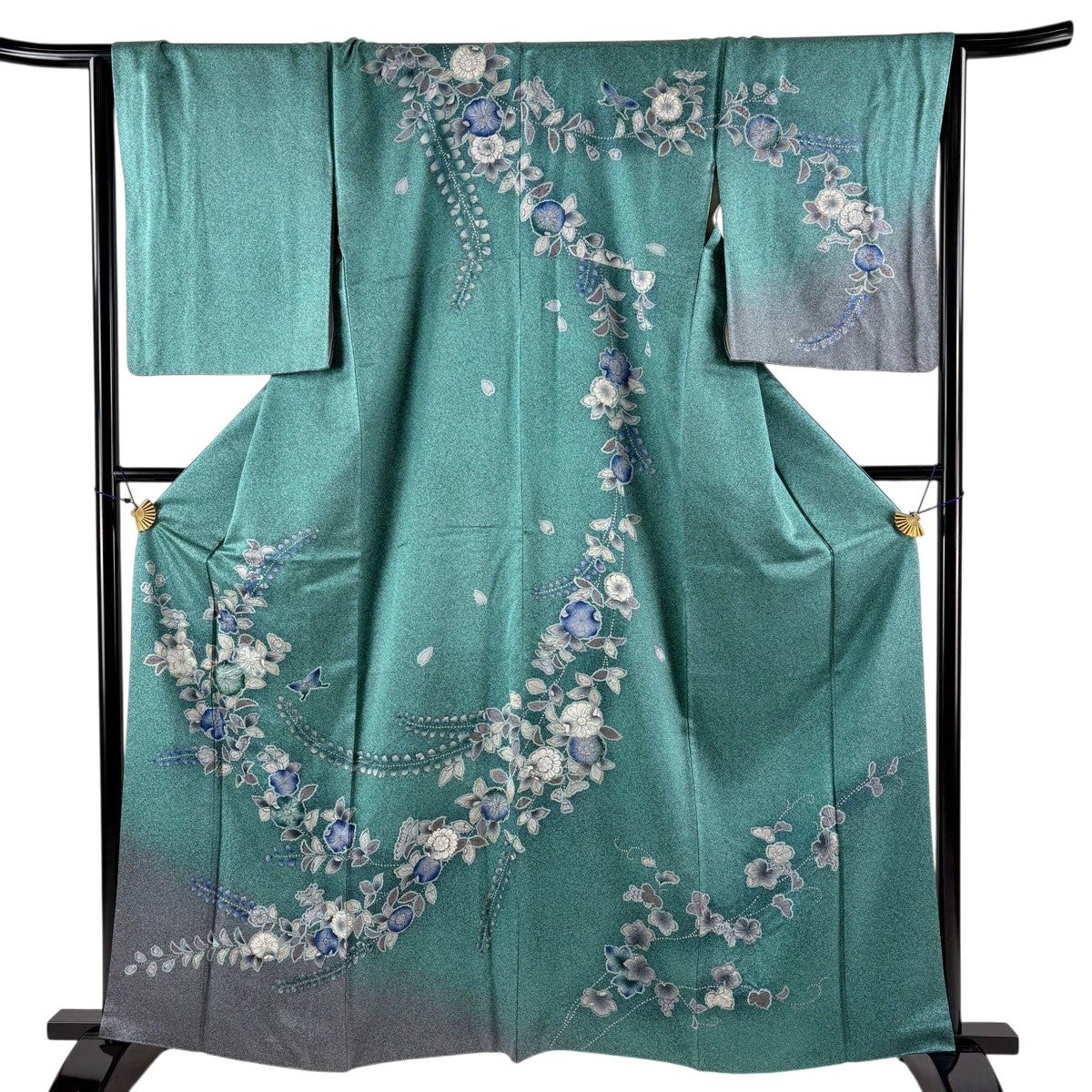 訪問着 身丈164.5cm 裄丈69cm L 袷 辻が花柄 鴛鴦 金彩 青緑 正絹 名品