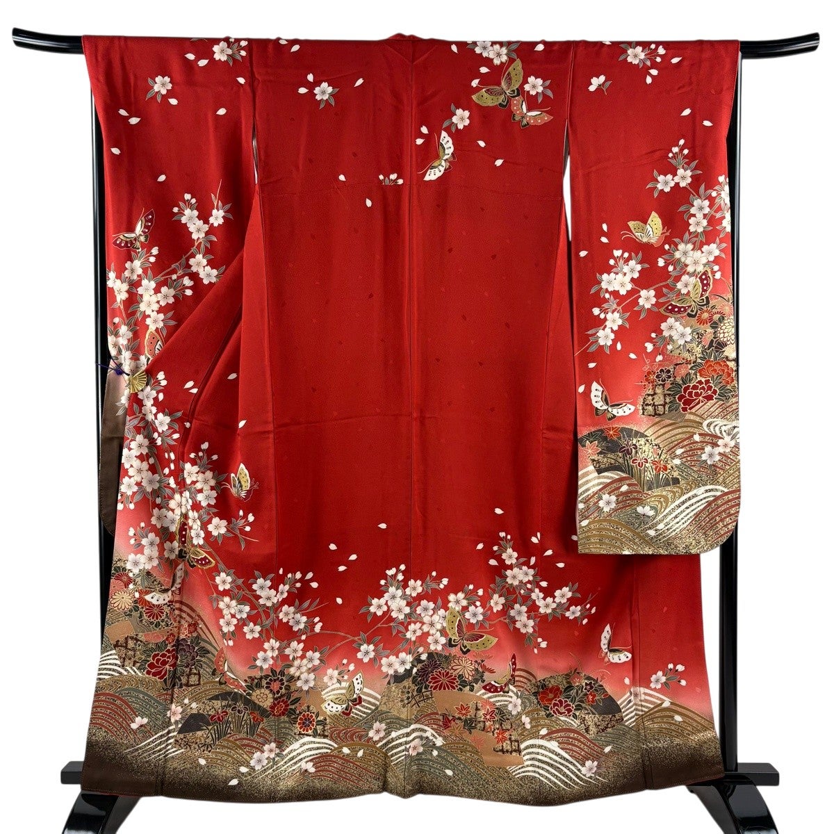 美品】 振袖 身丈162cm 裄丈67cm M 袷 蝶 桜 金糸 金彩 赤 正絹 秀品