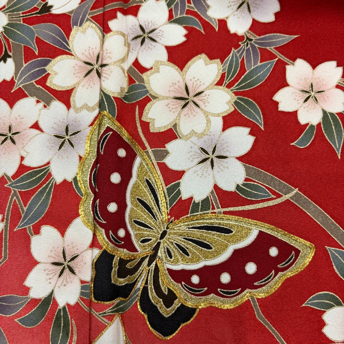 【振袖フルセット】身丈162.5cm 裄丈67.5cm 桜 流水 箔 金彩 赤 振袖 身丈167cm 裄丈67.5cm L 袷 袋帯フルセット 花丸文 松竹梅 金彩