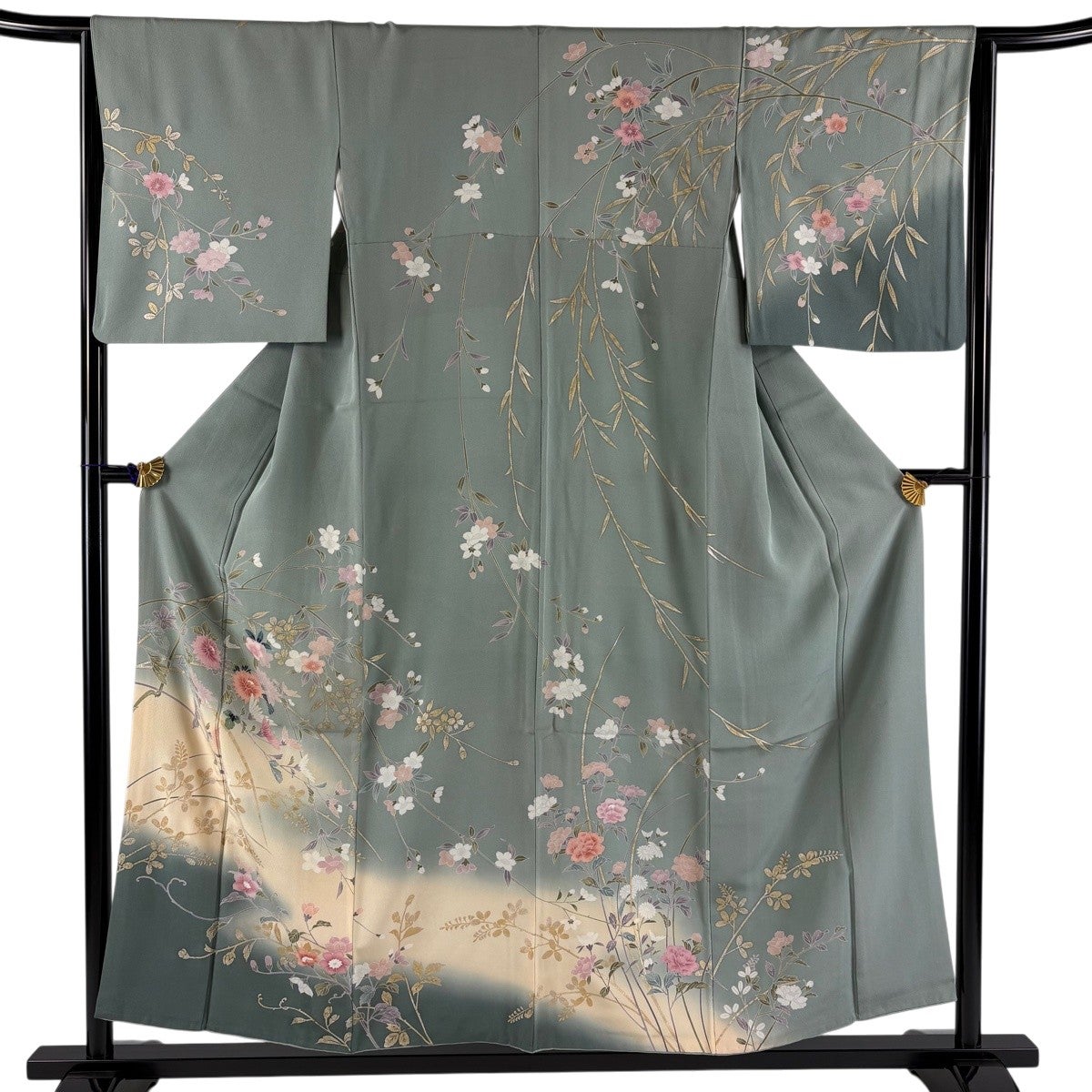訪問着 身丈154.5cm 裄丈65cm M 袷 菊 桜 金銀彩 ぼかし 灰緑 正絹 秀