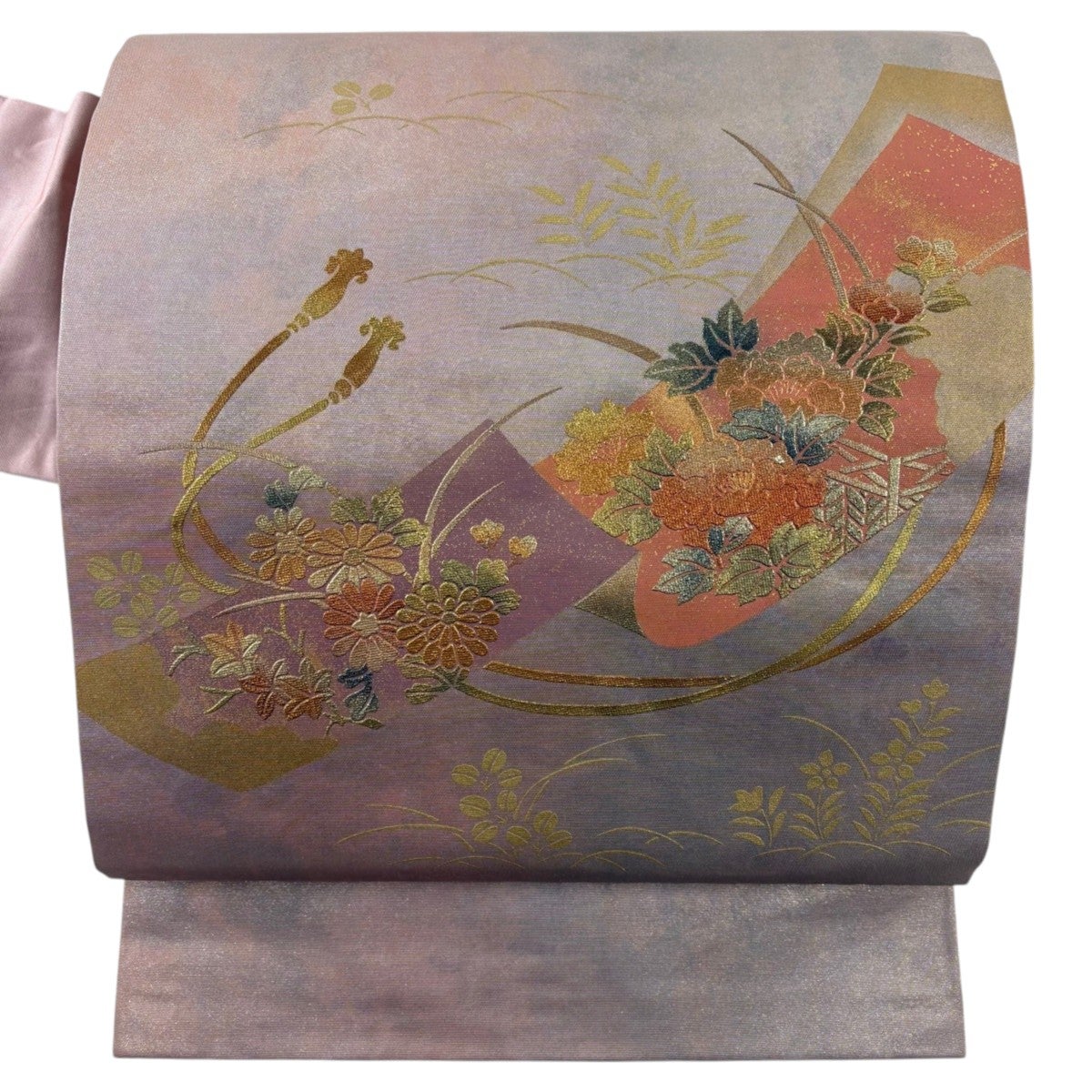 美品】 名古屋帯 優品 牡丹 菊 金銀彩 ピンク 正絹｜中古・古着
