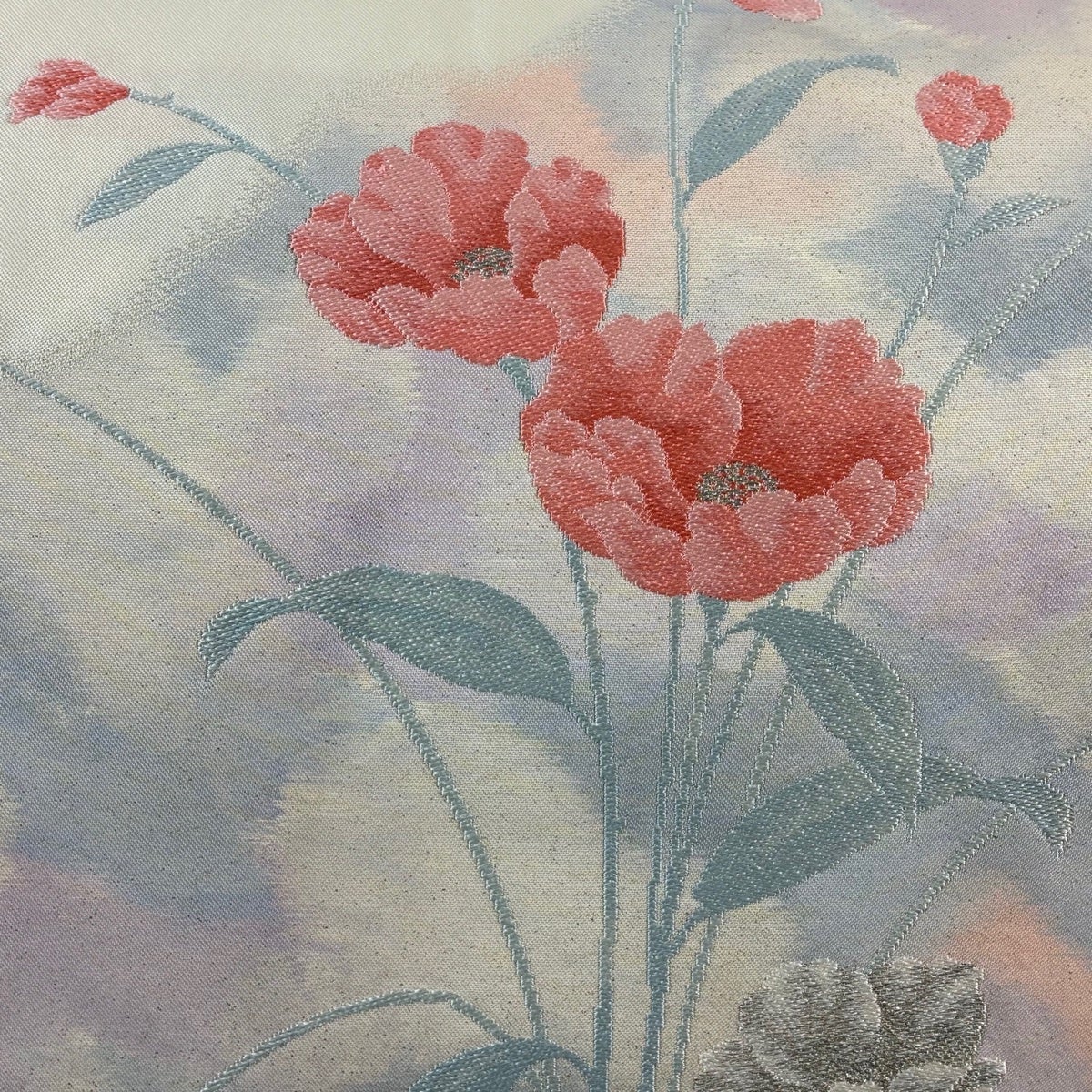 名古屋帯 優品 草花 銀糸 箔 クリーム 正絹｜中古・古着・リサイクル