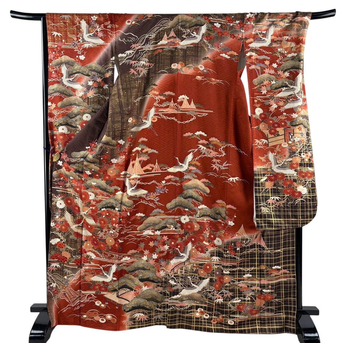 振袖 身丈168.5cm 裄丈68.5cm L 袷 松竹梅 鶴 金糸 金彩 赤茶 正絹 秀