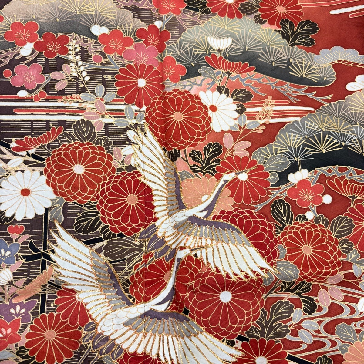 【美品】 振袖 身丈168.5cm 裄丈68cm 正絹 名品 【中古】 振袖 身丈168.5cm 裄丈68.5cm L 袷 松竹梅 鶴 金糸 金彩 赤茶 正絹 秀