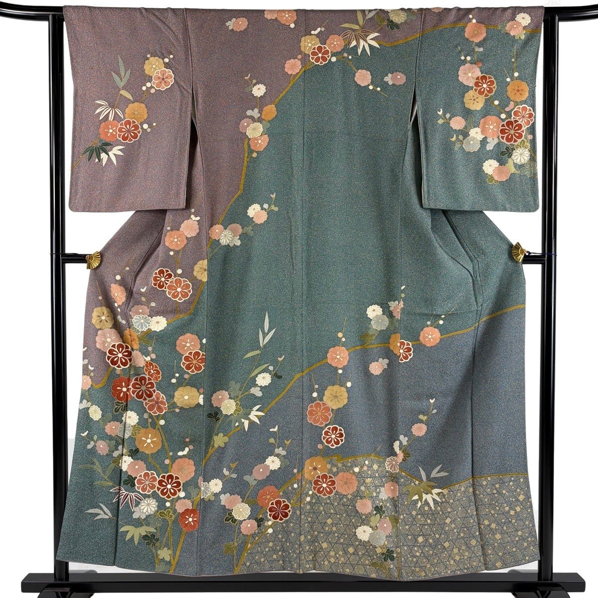 訪問着 身丈155cm 裄丈63cm S 袷 枝梅 竹 金彩 灰紫 正絹 秀品｜中古