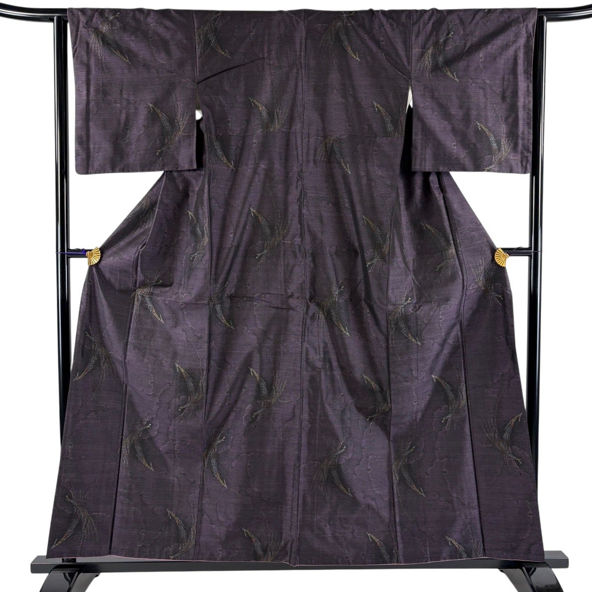 美品】 紬 身丈154.5cm 裄丈62cm S 袷 証紙あり 縞模様 幾何学模様 黒