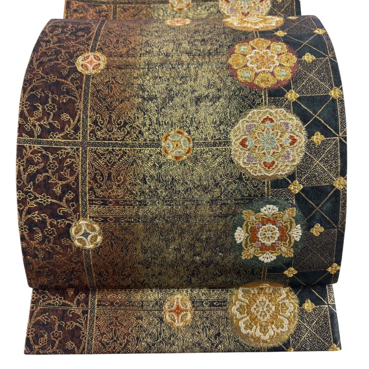 美品】 袋帯 秀品 関西仕立て 蜀甲更紗華文 箔 深緑 六通 正絹｜中古