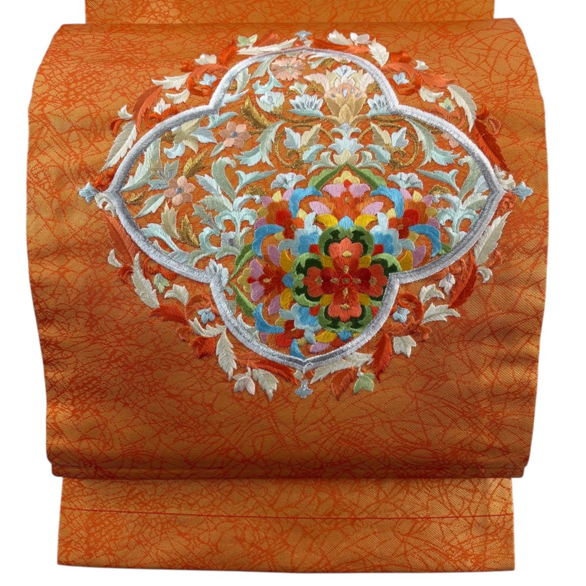 豪華刺繍 帯 鮮やかなオレンジ地 華文様 開き名古屋帯 優品 松葉仕立て 華文 花唐草 金銀糸 刺繍 オレンジ 正絹