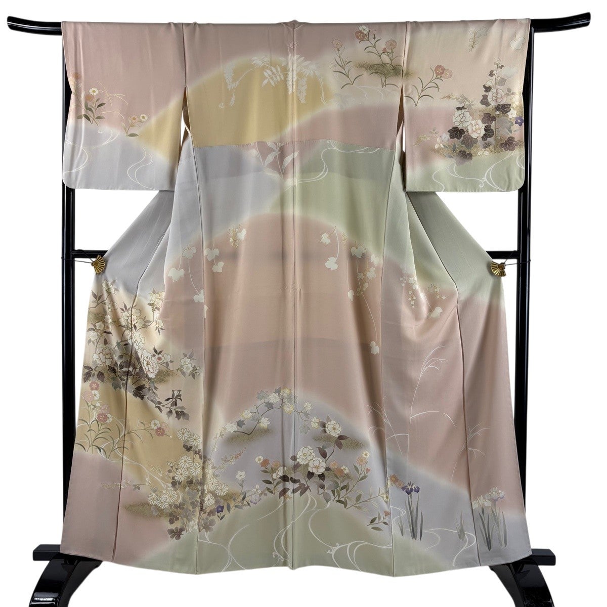美品】 付下げ 身丈160.5cm 裄丈64cm M 袷 草花 金彩 染め分け 緑 正絹