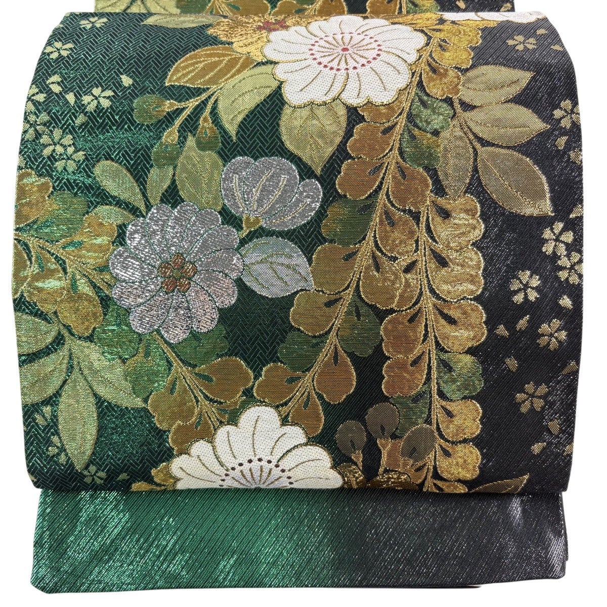 美品】 袋帯 名品 桜 花びら 箔 緑 全通 正絹｜中古・古着・リサイクル