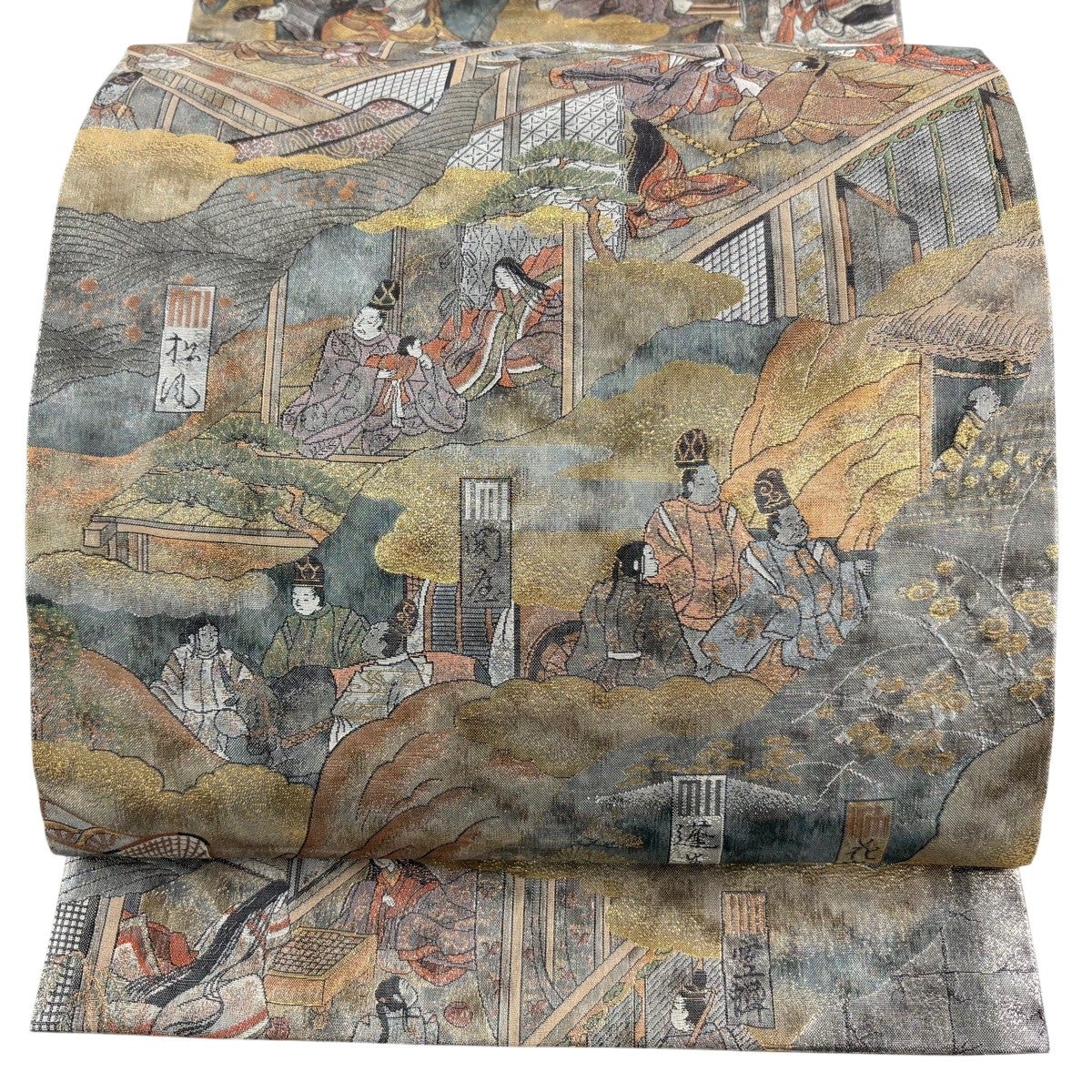 【美品】源氏香 正絹袋帯 美品】 袋帯 秀品 両面全通総絵図 源氏香合せ 銀色 お太鼓柄 正絹
