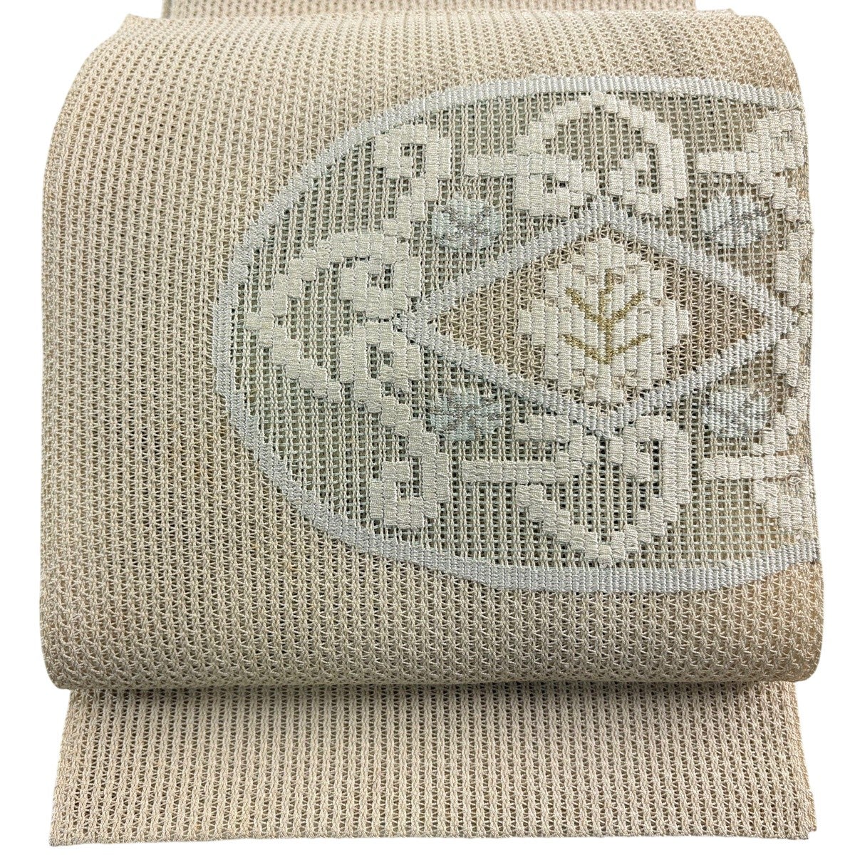 名古屋帯 秀品 八寸名古屋帯 夏帯 羅 トンネル仕立て 草花 菱 ベージュ