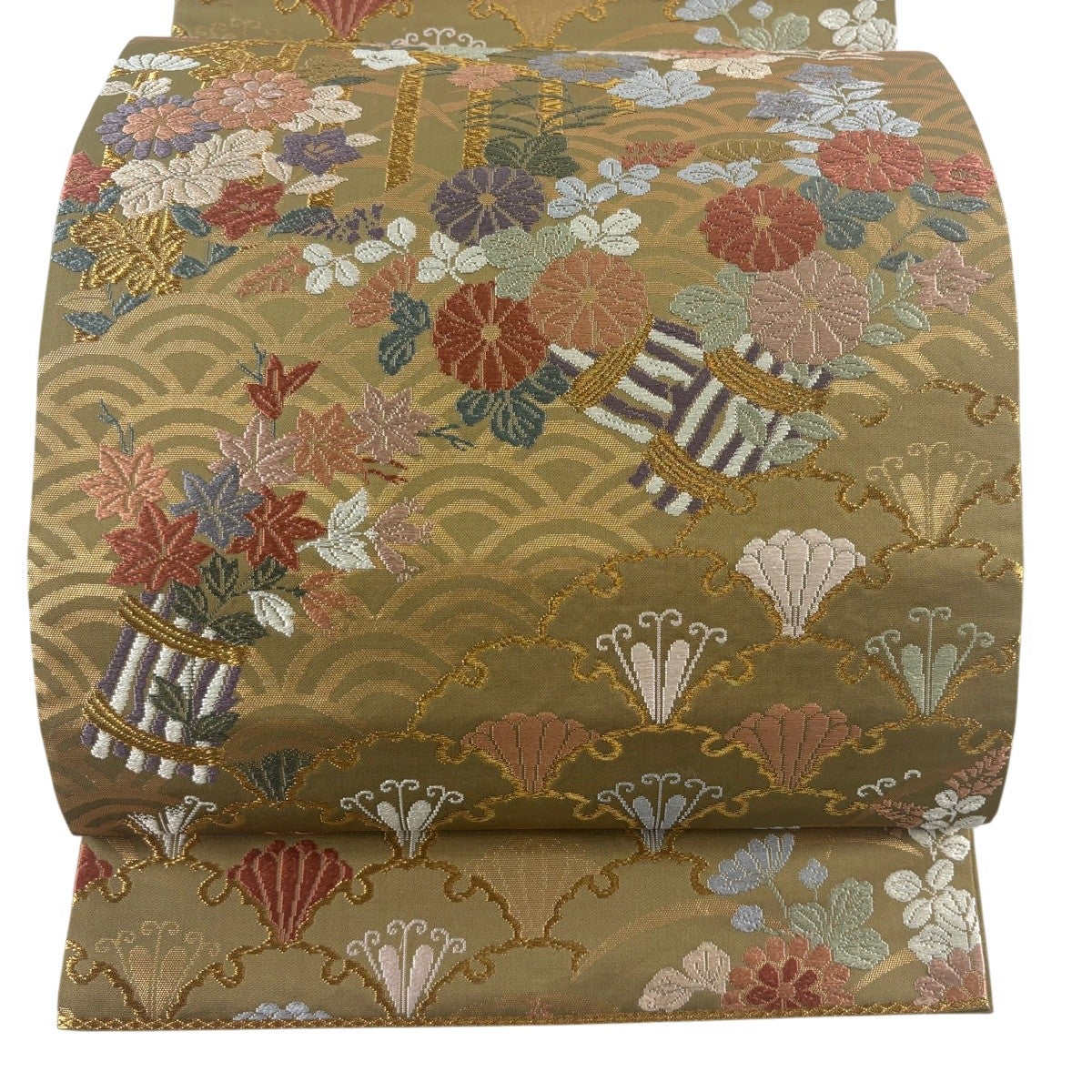 美品】 袋帯 秀品 証紙あり 関西仕立て 青海波 金通し 茶緑色 六通