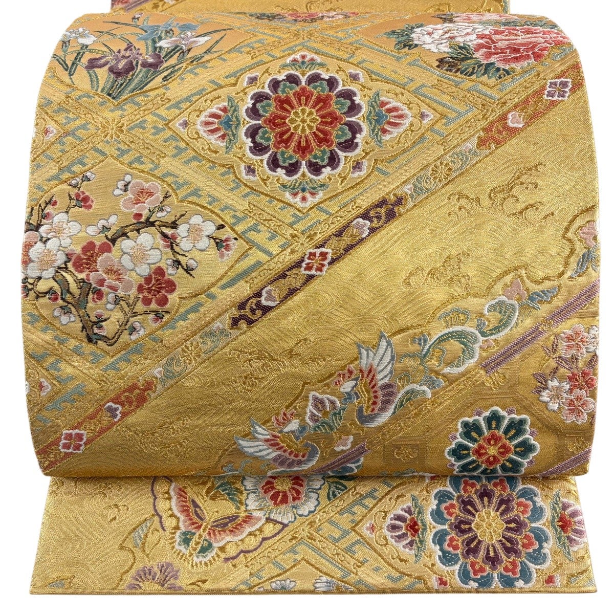 袋帯 逸品 中村乃武夫 落款あり 草花 金糸 箔 灰色 六通 正絹｜中古