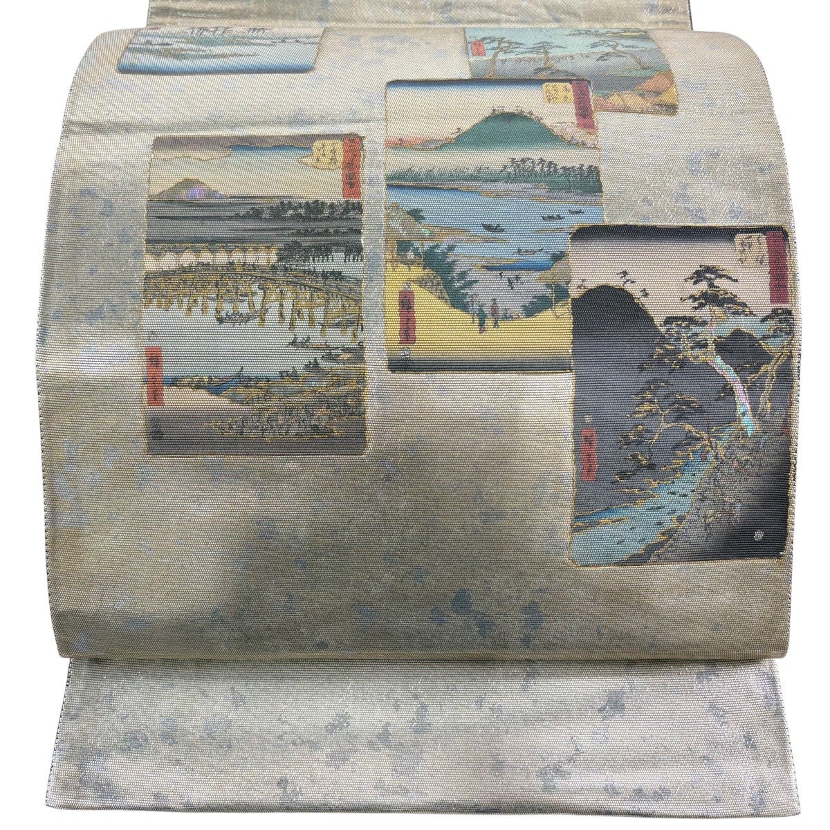 美品】 袋帯 秀品 風景 樹木 銀糸 灰緑 お太鼓柄 正絹｜中古・古着