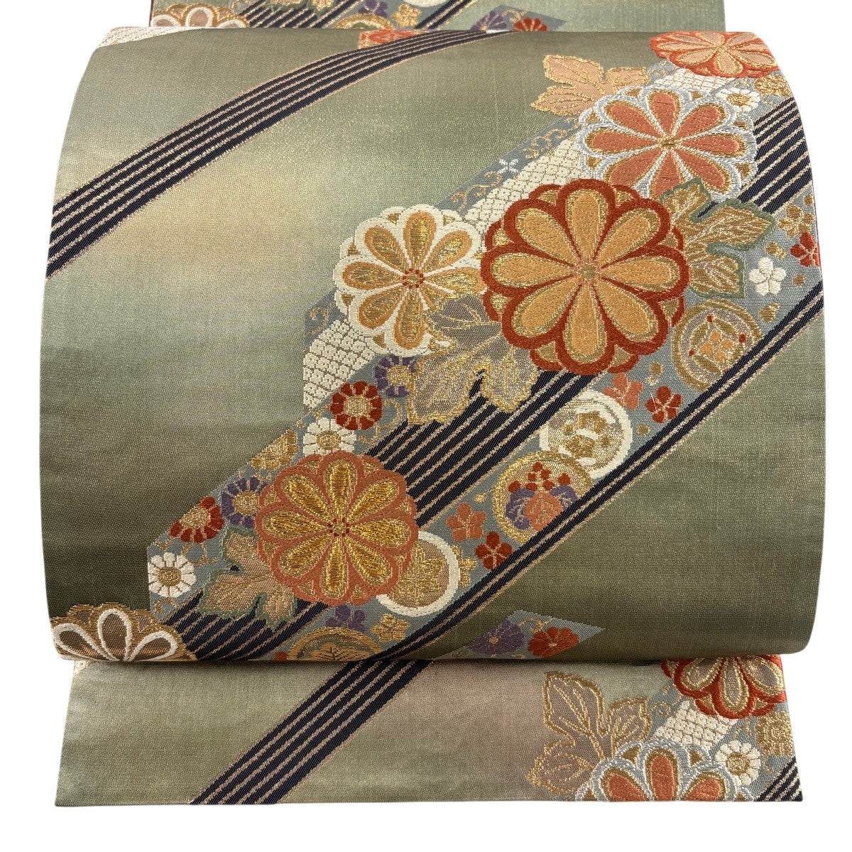 美品】 袋帯 秀品 菊 華文 金糸 箔 山吹茶色 六通 正絹｜中古・古着