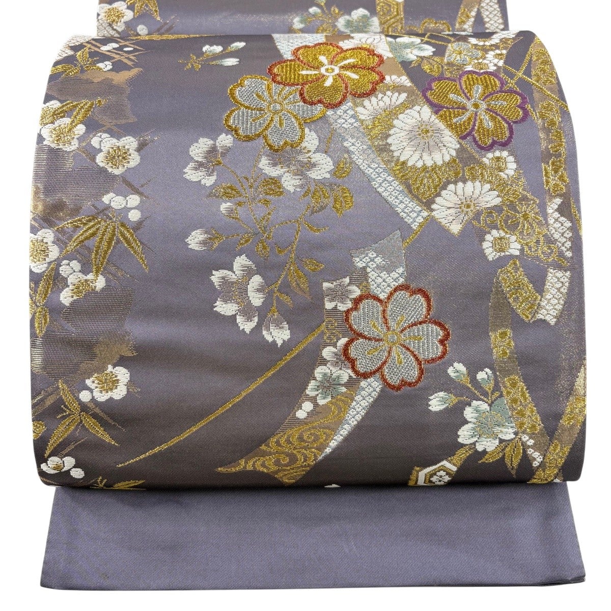 美品】 袋帯 秀品 振袖向き 夢桜 桜 花びら 金銀糸 箔 薄紫 六通 正絹