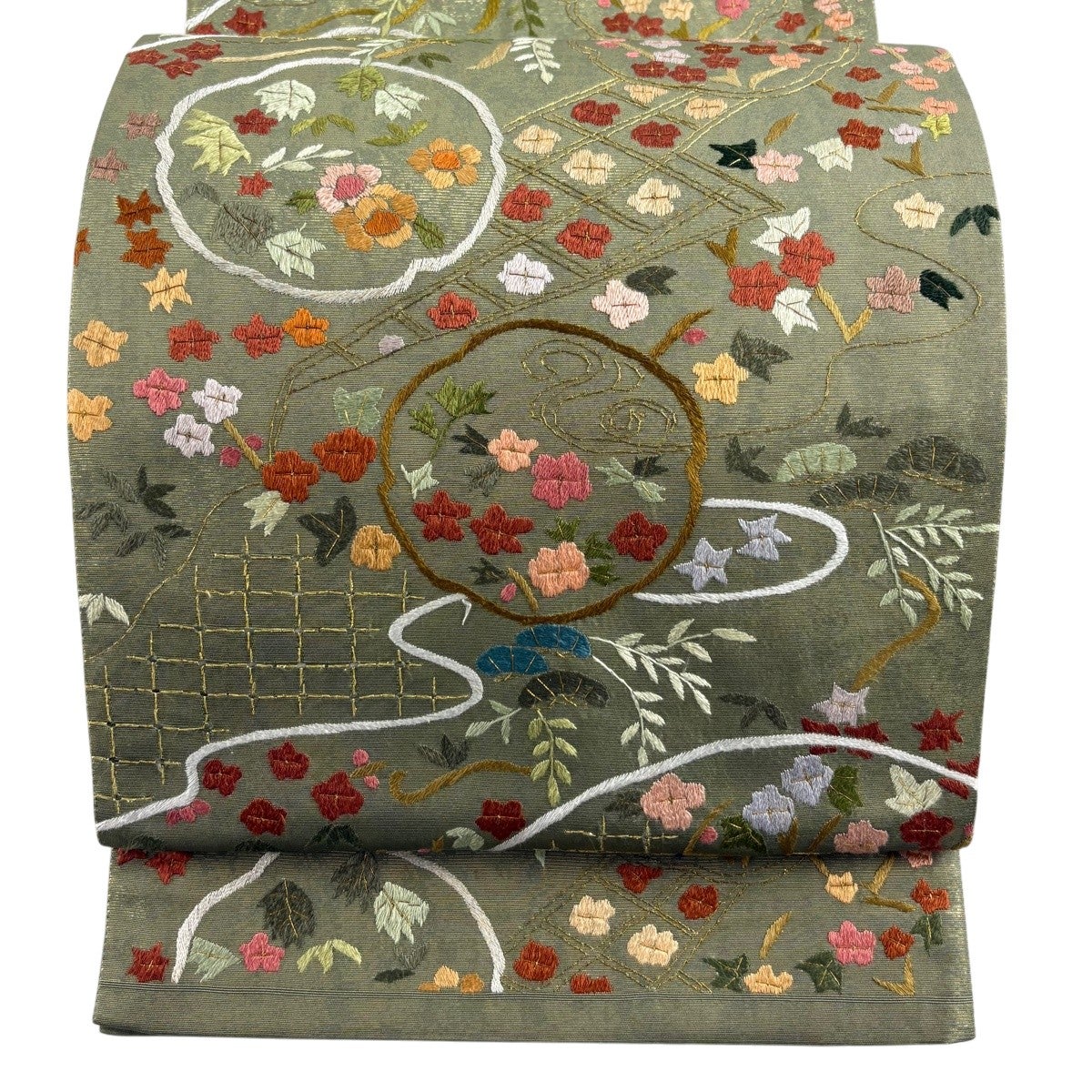 夏帯 絽 袋帯 正絹 黒地 金銀糸 刺繍 六通 美品】 袋帯 秀品 証紙あり 夏帯 秋草 芝 金糸 刺繍 よもぎ色 六通