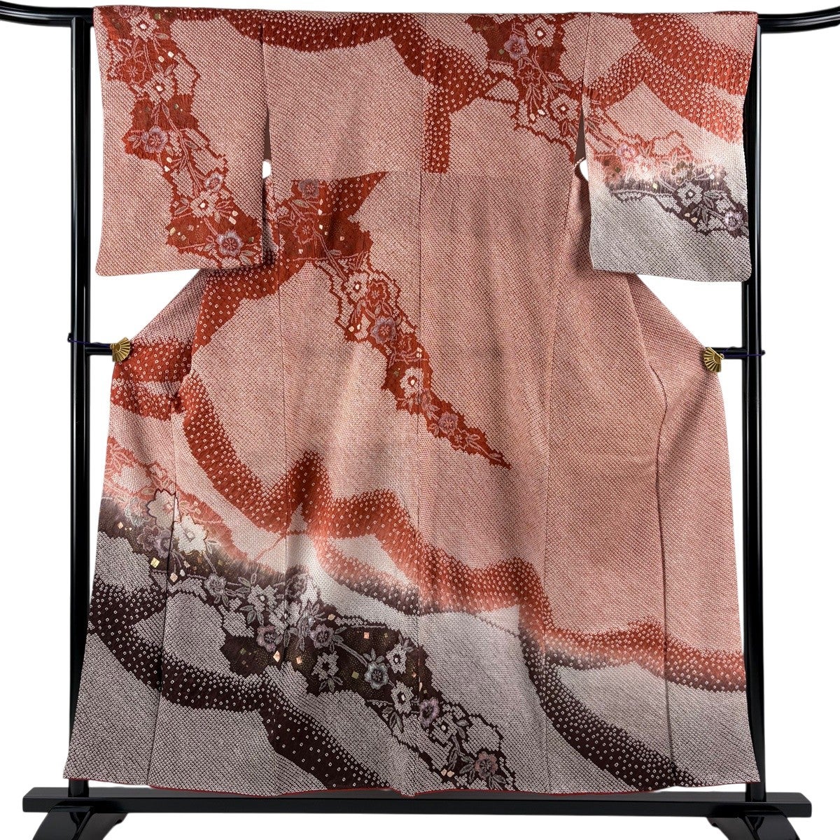 着物 作家物 浄山窯 紬 暖色ぼかし 茶色桜 草木染 身丈158cm 正絹 訪問着 身丈154.5cm 裄丈63.5cm S 袷 桜 箔散らし 絞り 金糸 茜色 正絹
