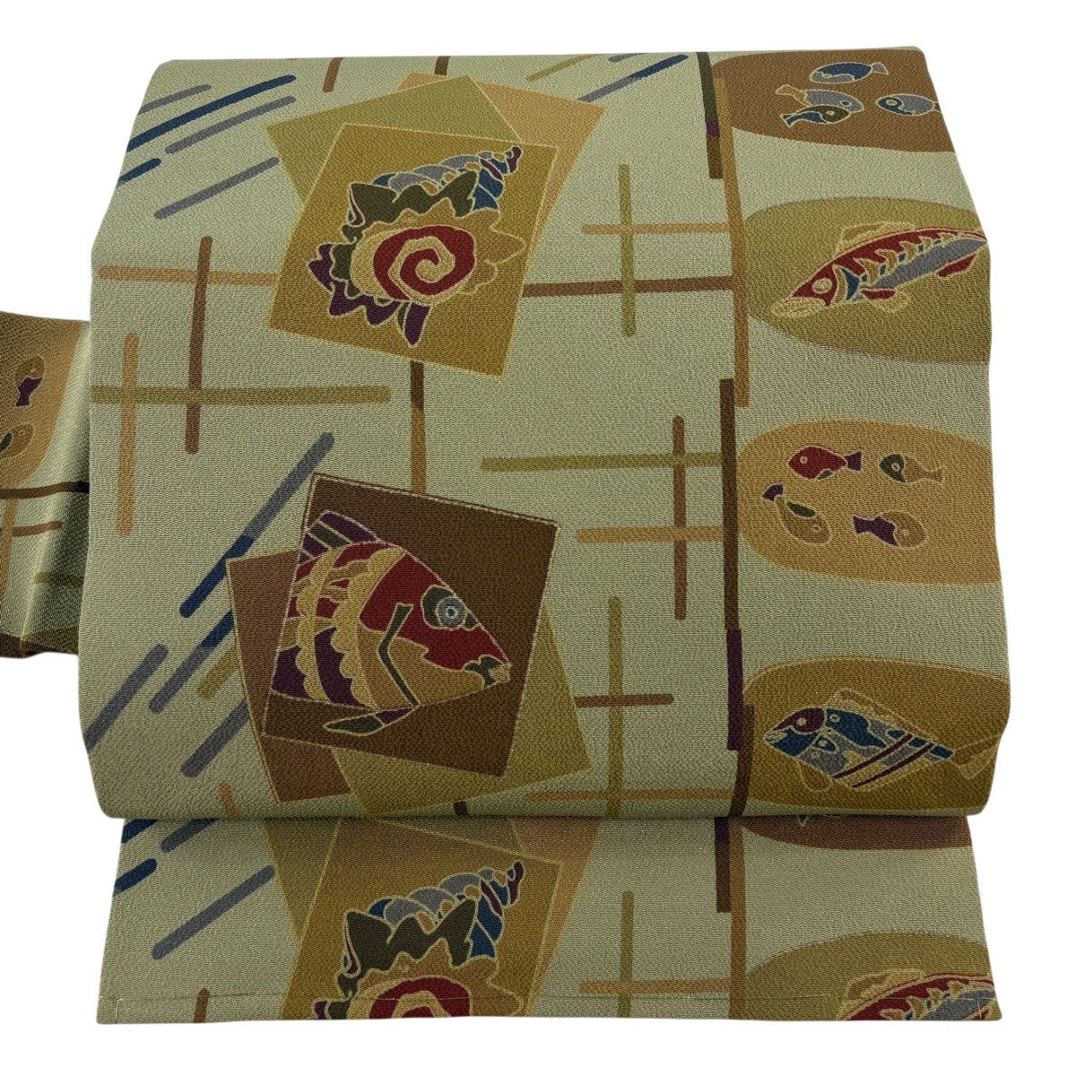 美品】 名古屋帯 秀品 魚 海老 金彩 縮緬 抹茶色 正絹｜中古・古着