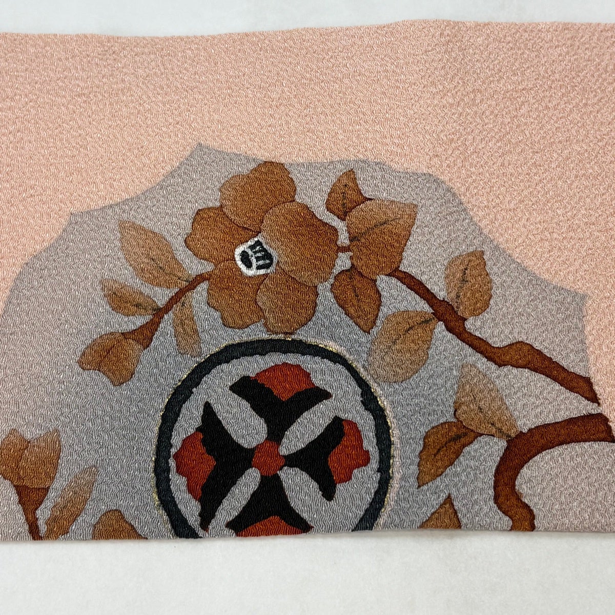 名古屋帯 秀品 椿 丸文 金彩 縮緬 薄ピンク 正絹｜中古・古着