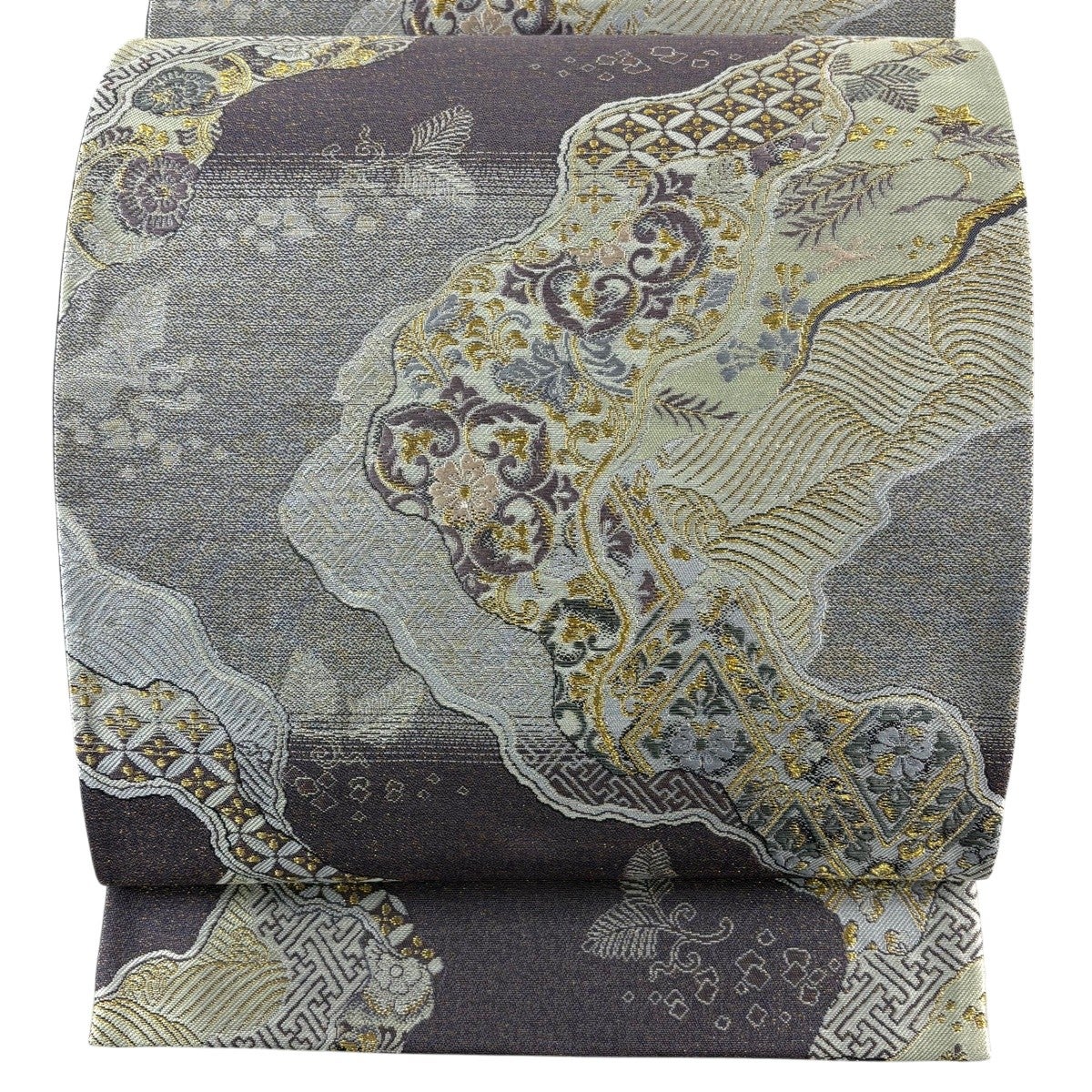 美品】 袋帯 秀品 道長取り 若松 金糸 金通し 紫 六通 正絹｜中古