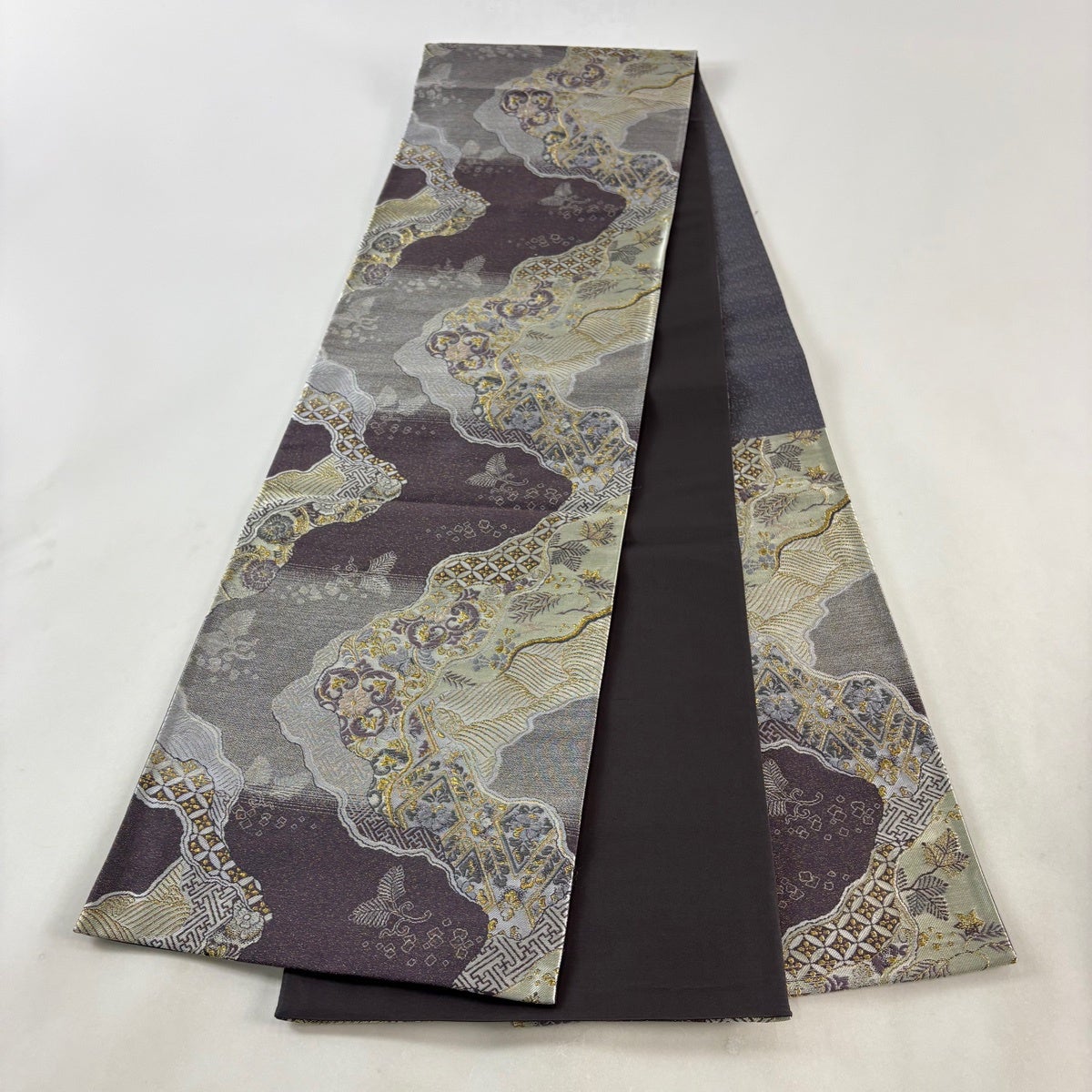 美品】 袋帯 秀品 道長取り 若松 金糸 金通し 紫 六通 正絹｜中古