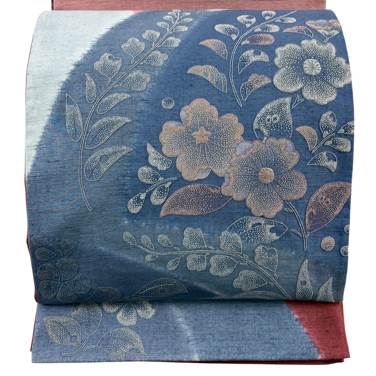 美品】 袋帯 秀品 紬地 草花 相良刺繍 赤紫 お太鼓柄 正絹｜中古・古着