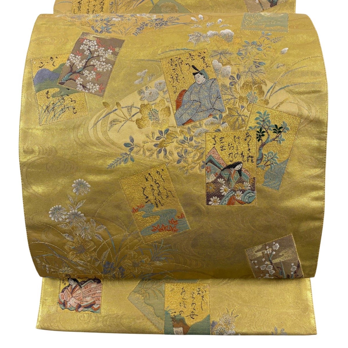 美品】 袋帯 秀品 御幸百人一首文 草花 金銀糸 箔 金色 六通 正絹