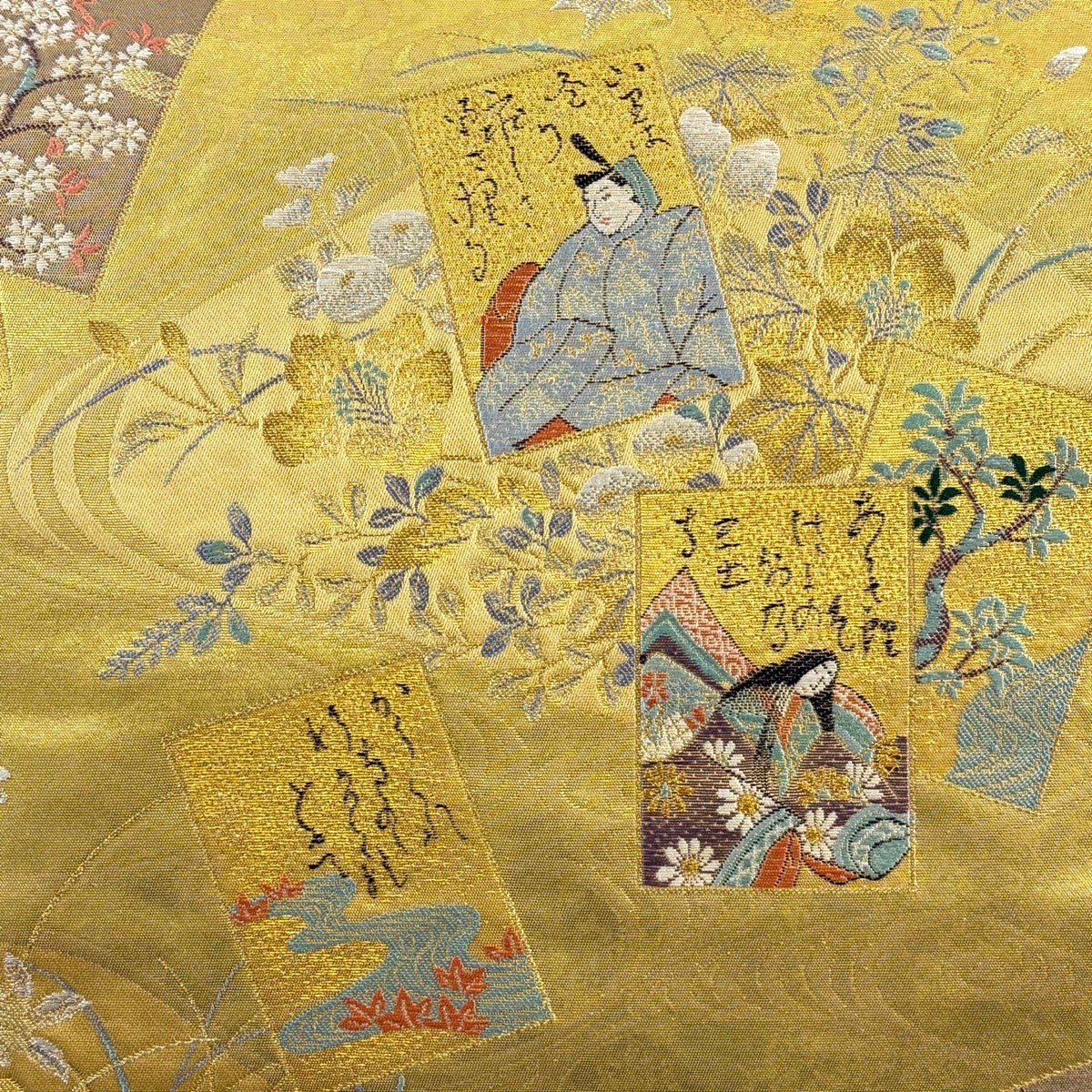 美品】 袋帯 秀品 御幸百人一首文 草花 金銀糸 箔 金色 六通 正絹