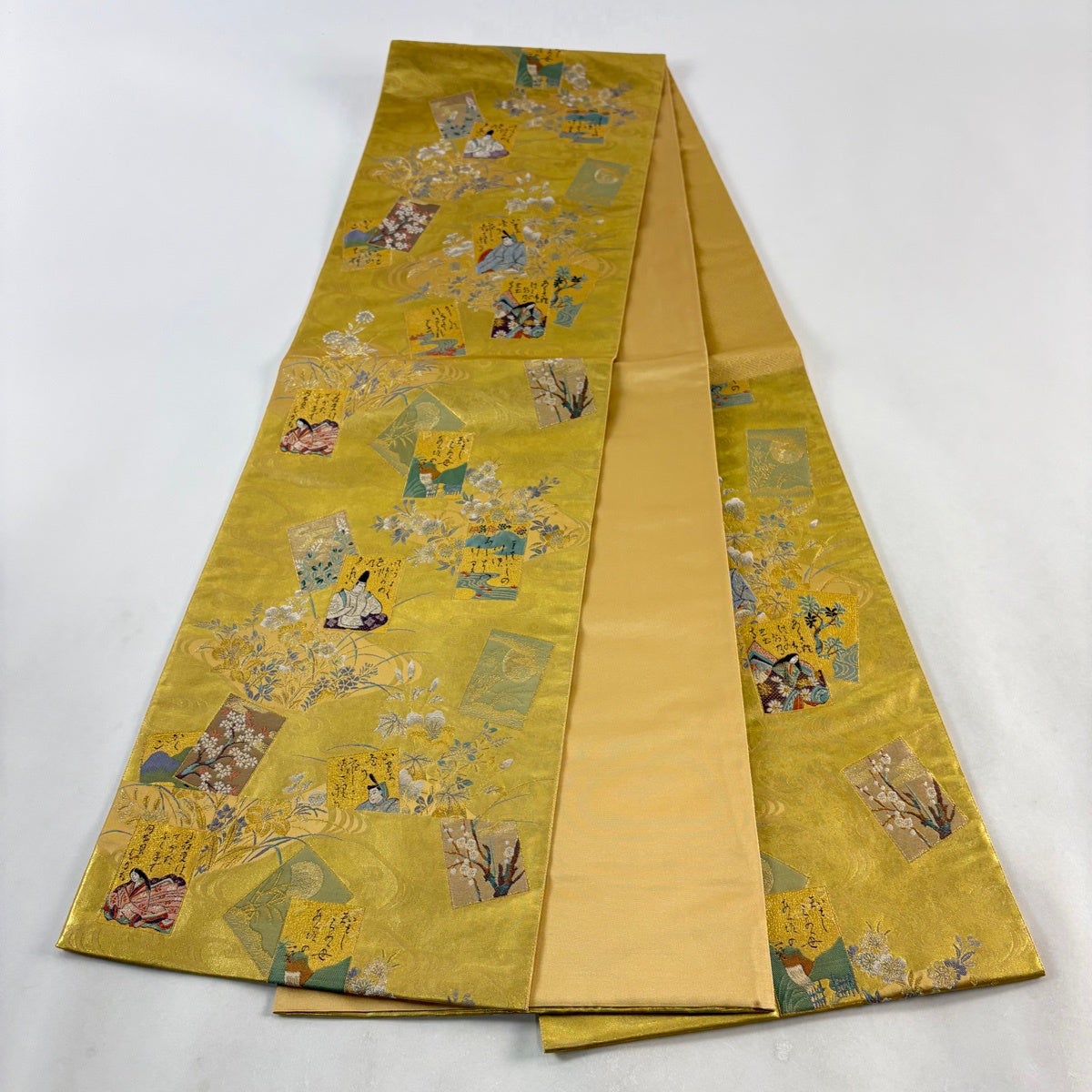 美品】 袋帯 秀品 御幸百人一首文 草花 金銀糸 箔 金色 六通 正絹