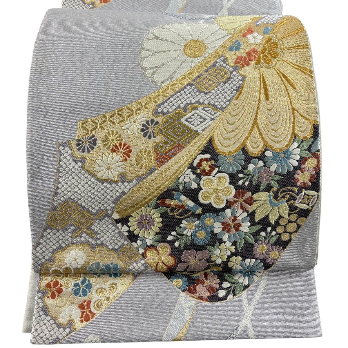 美品】 袋帯 秀品 誰が袖 菊 金銀糸 灰色 六通 正絹｜中古・古着