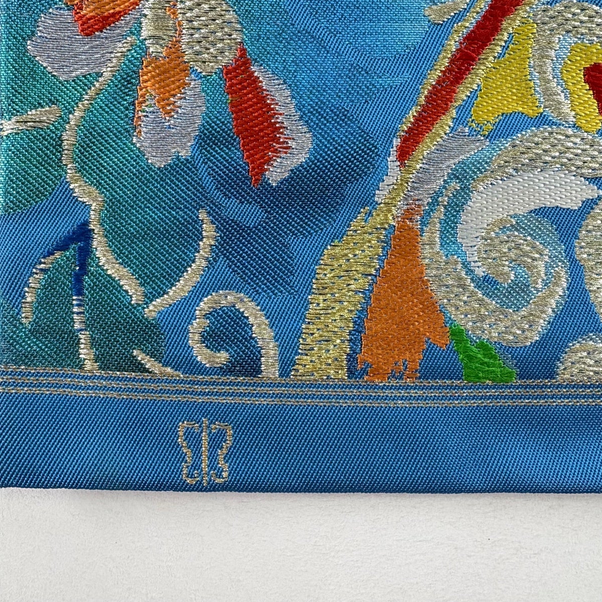 袋帯 秀品 川島織物 落款あり 関西仕立て 華文 丸文 金銀糸 箔 青 六通