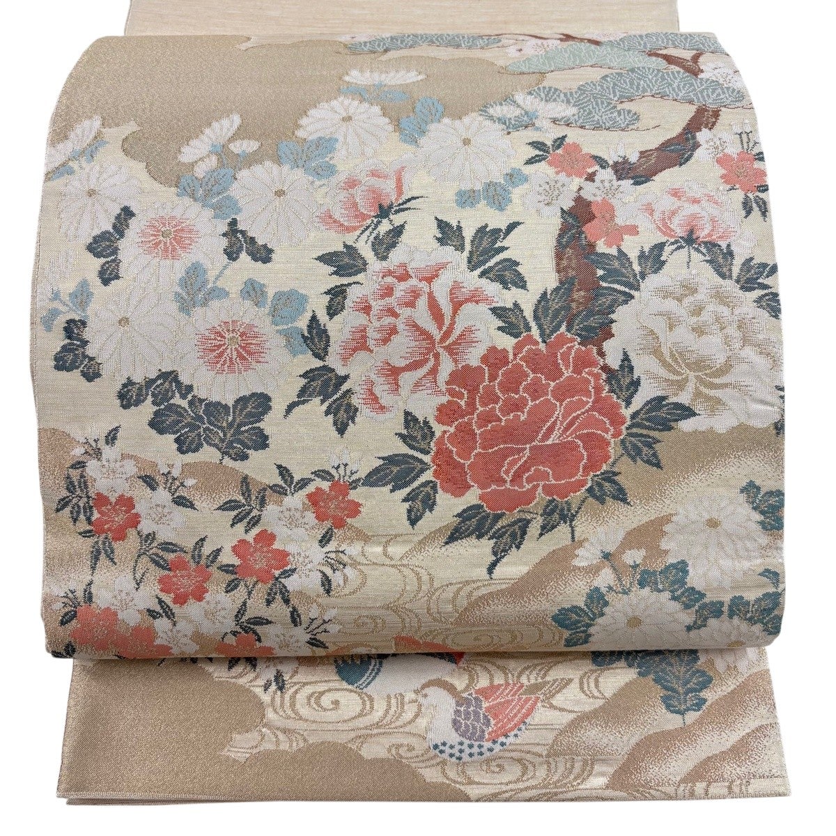 袋帯 秀品 牡丹 鴛鴦 金糸 箔 金色 お太鼓柄 正絹｜中古・古着
